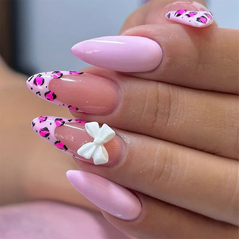 24Pcs Dark Red Almond False Nails with 3D Metal Bow Designs - French Tip Press on Nails - Full Cover Artificial Nails for Women - Perfect for Valentine's Day, Weddings & Special Occasions