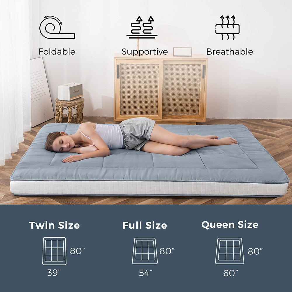 MAXYOYO Padded Comfortable Floor Mattress - Blue Gray | Extra Thick Foldable Guest Bed | Perfect for Camping, Sleepovers & Small Space Living