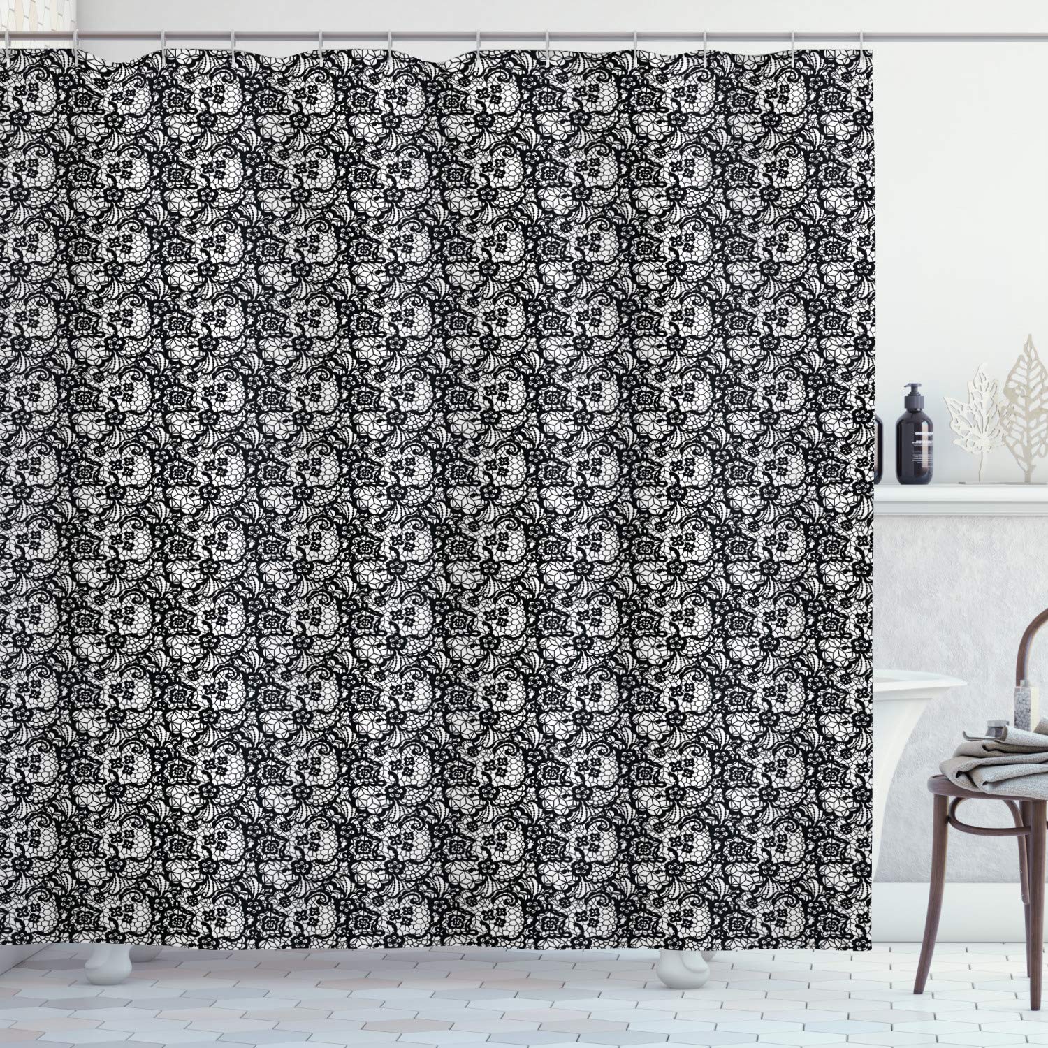 Ambesonne Black and White Vintage Floral Shower Curtain - Monochrome Lace Design with Ornamental Swirls, 69x70 Inch Bathroom Decor Set with Hooks - Perfect for Classic or Retro Style Bathrooms, Guest Baths, and Apartment Decor