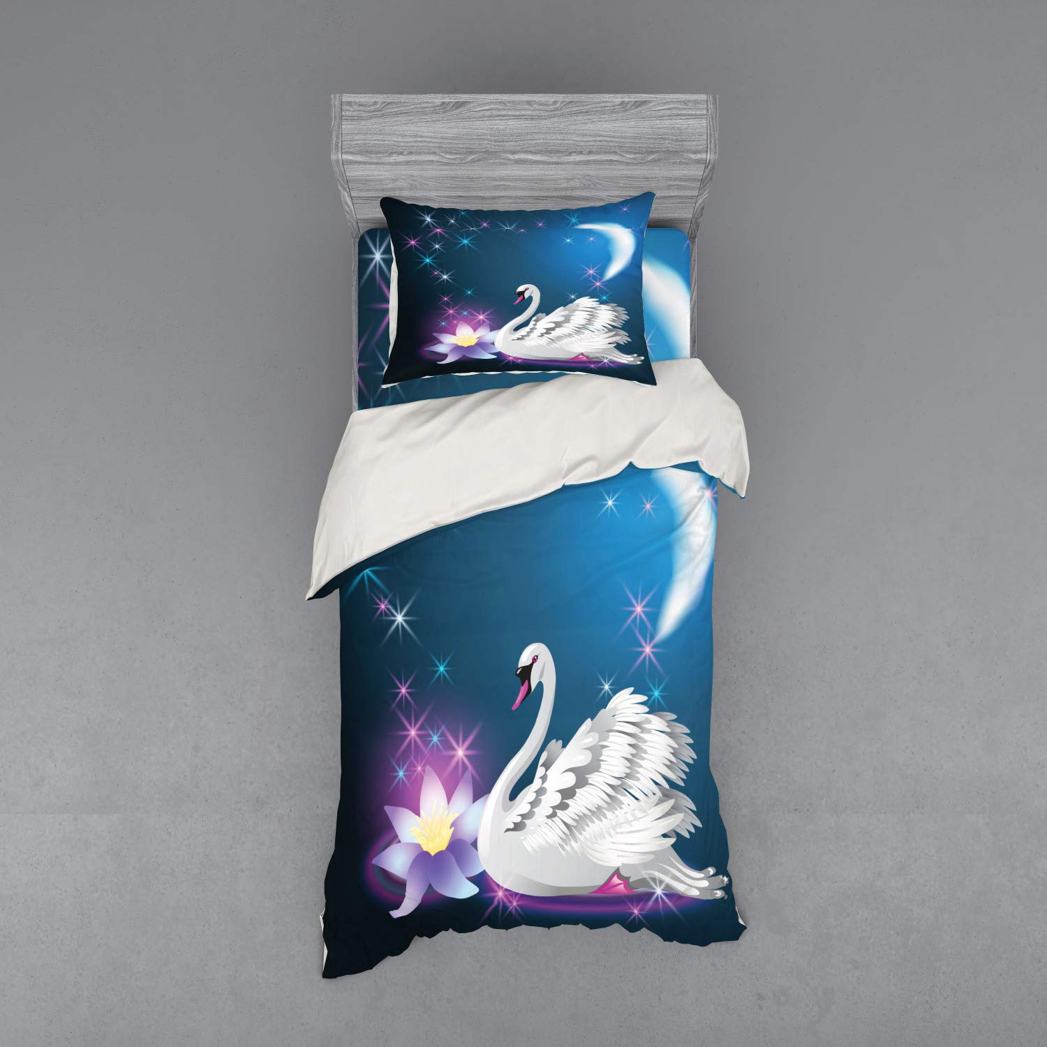 Ambesonne Swan Duvet Cover Set - 3 Piece Twin Size Bedding with Sham & Fitted Sheet, Blue White Floral Design Featuring Magic Lily and Swan Night Lake Scene Under Moon Stars - Perfect for Bedroom Decor, Guest Room, or Romantic Retreat