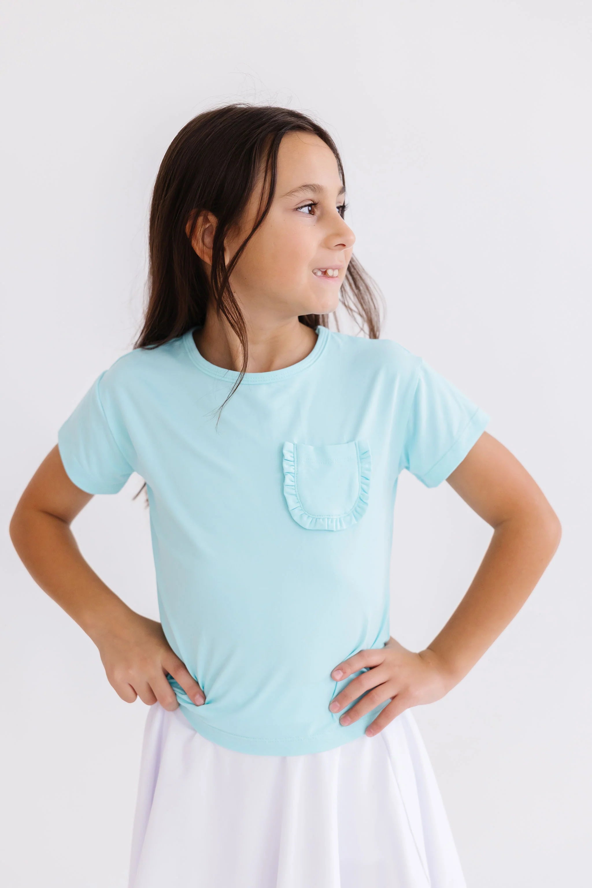Women's Aqua Ruffle Pocket T-Shirt - Soft Cotton Casual Top with Stylish Ruffle Detail - Perfect for Everyday Wear, Date Nights & Summer Outfits