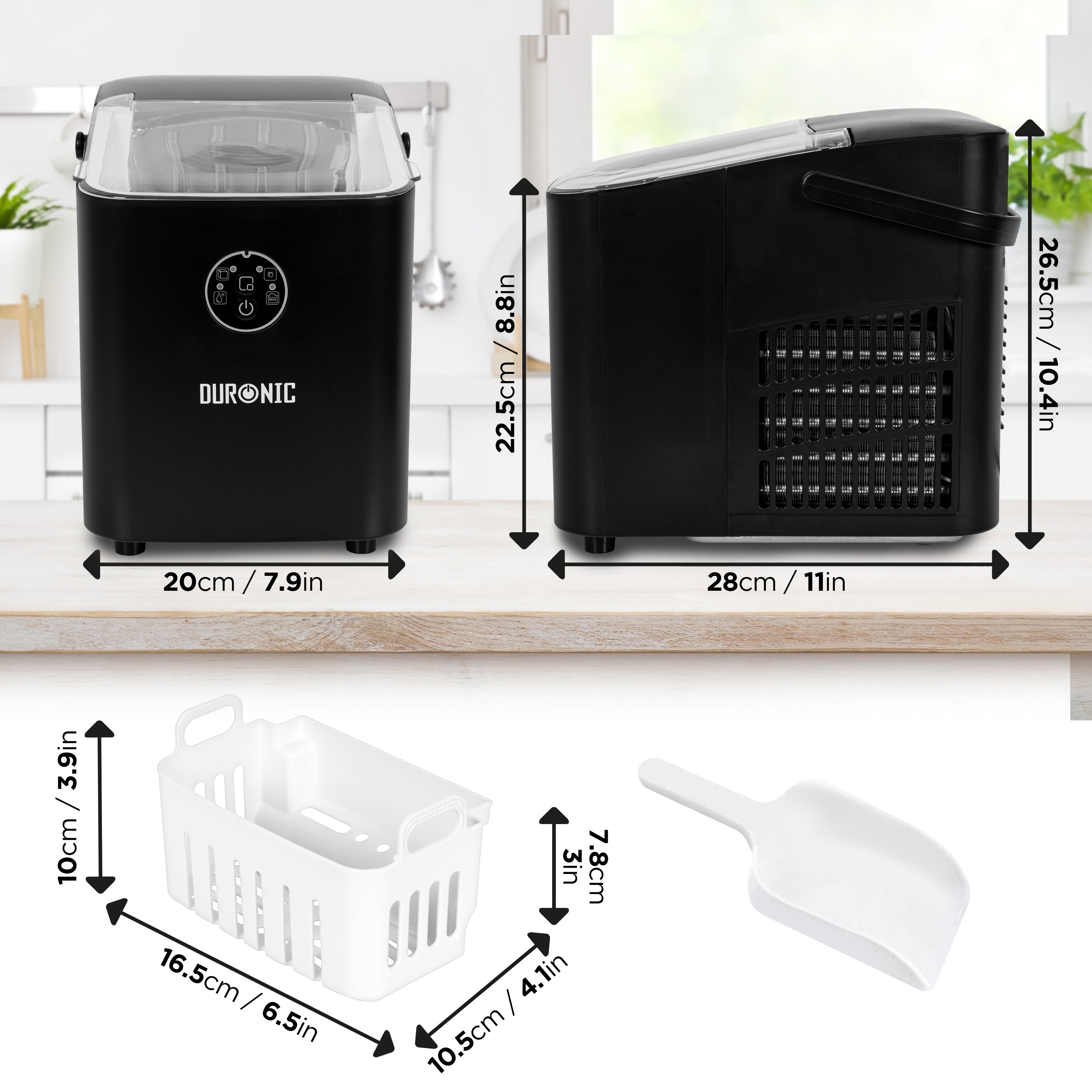 Duronic ICM12 Portable Ice Maker Machine - 12KG/26LBS Daily, Fast 6-Minute Ice Cube Production, Self-Cleaning with Scoop & Basket - Perfect for Home, Office, Bars, RV, Camping & Outdoor Parties (Black)