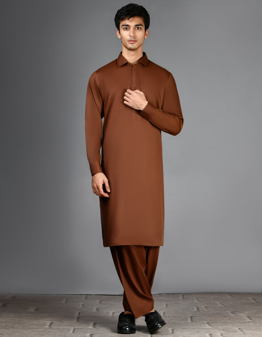 Stylish Blended Brown Shalwar Kameez by J. Junaid Jamshed - Premium Pakistani Traditional Outfit for Men - Perfect for Eid, Weddings & Special Occasions