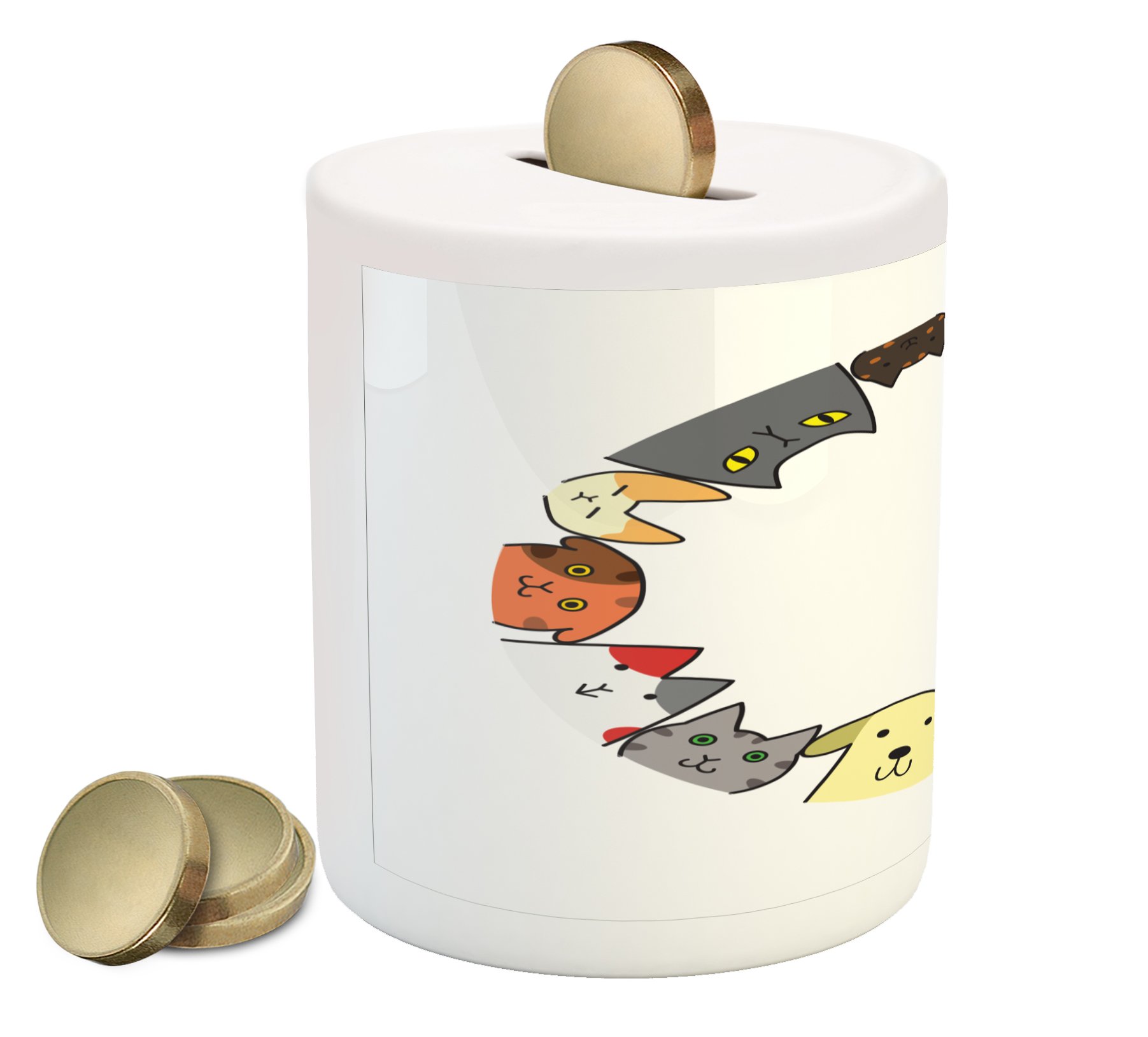 Ambesonne Ceramic Cat Lover Piggy Bank - Cute Cartoon Cats & Dogs Circle Design Money Box for Cash Savings | Perfect Gift for Pet Lovers & Kids Room Decor (Multicolor)