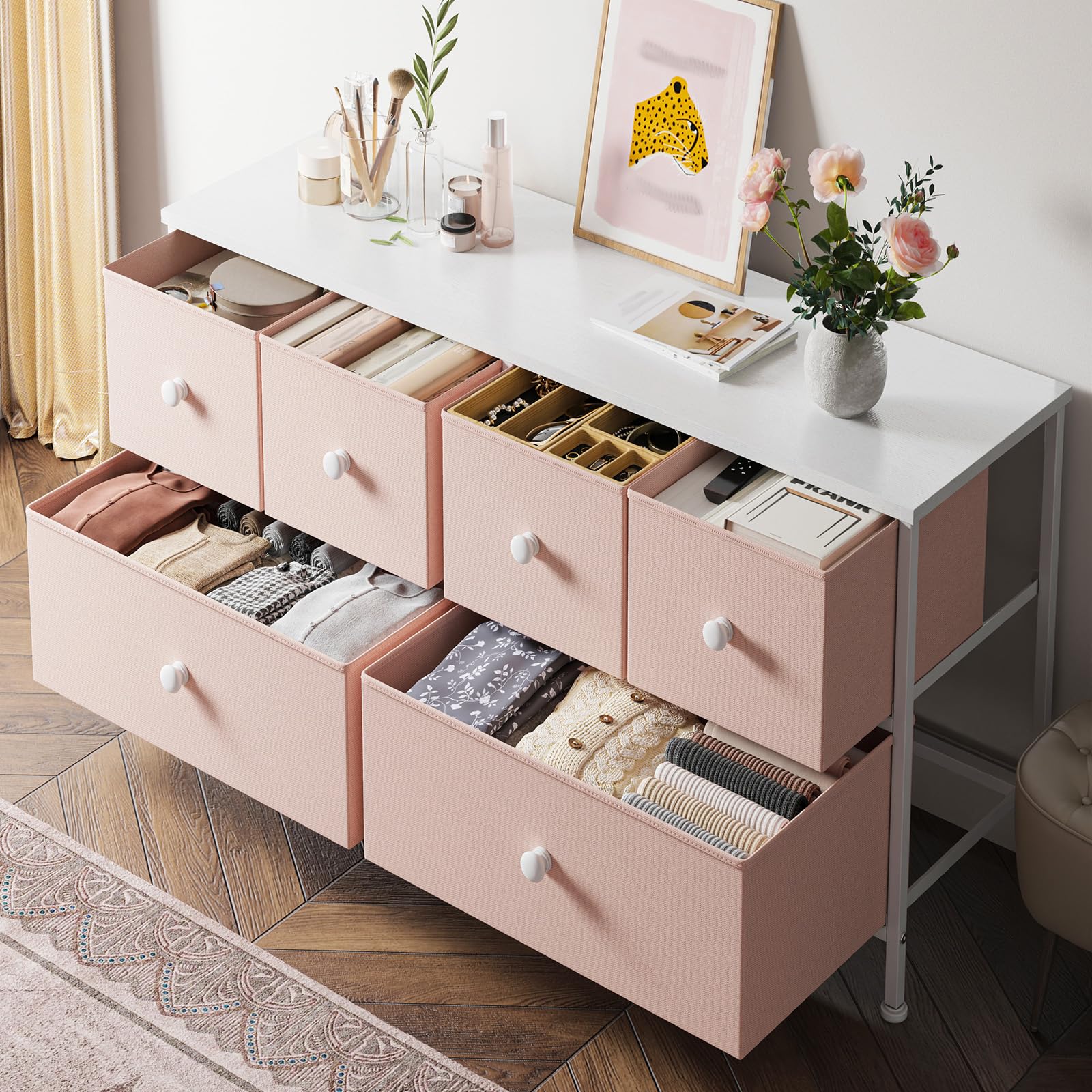 Pink 6-Drawer Fabric Dresser for Bedroom - Wide Storage Chest with Drawers, TV Stand & Closet Organizer for Hallway, Nursery or Dorm Room | Modern Home Decor & Space-Saving Solution