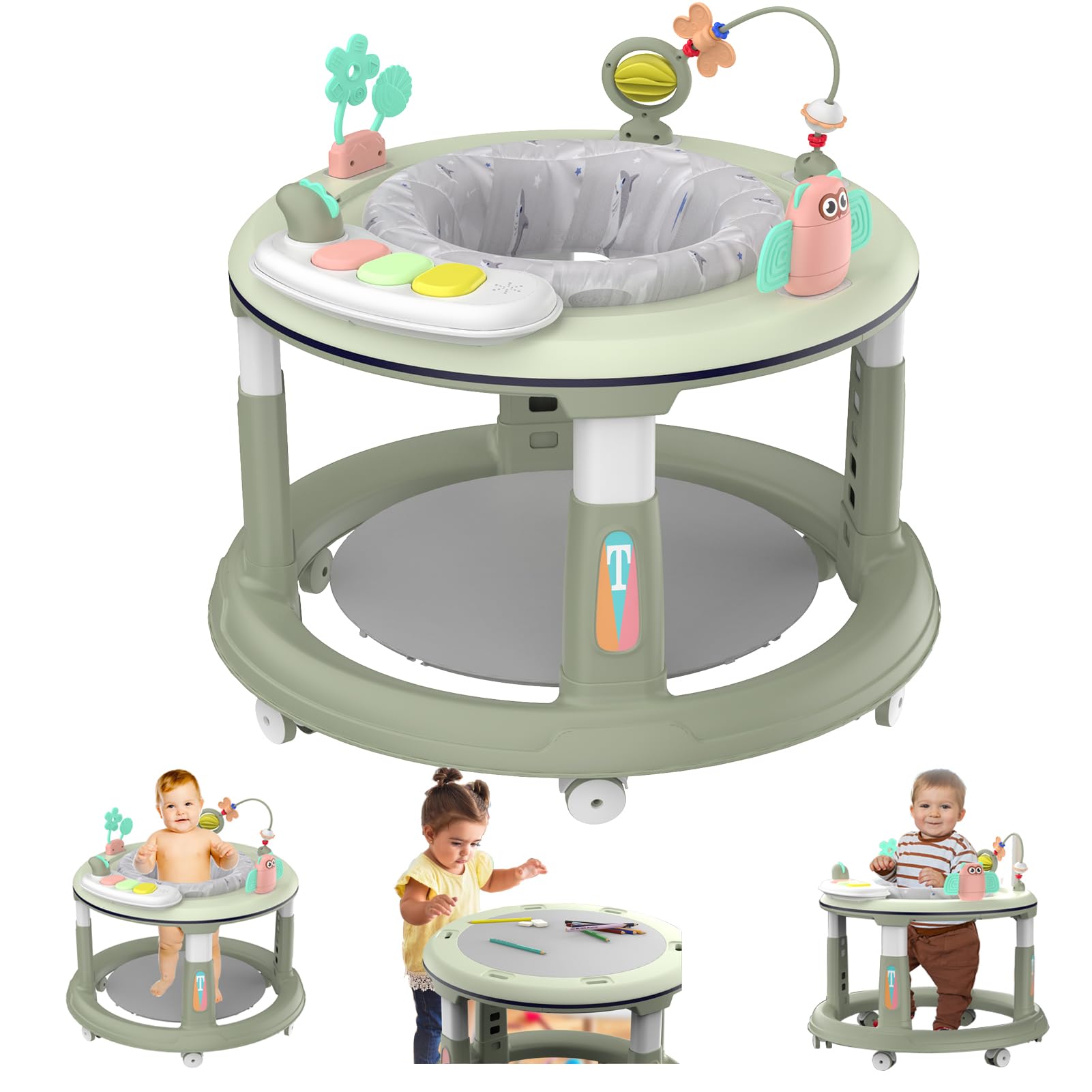 **Adjustable Baby Walker for 6-12 Months - 5 Height Levels, 360° Swivel Seat with Music & Detachable Toys - Safe Activity Center for Boys & Girls (Green) - Perfect for Learning to Walk & Playtime Fun**