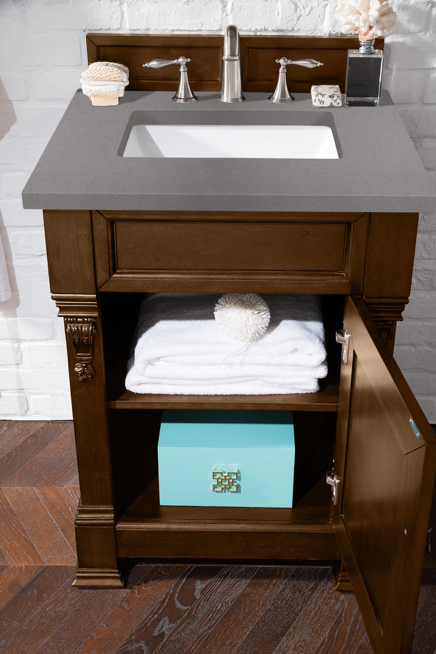 Brookfield 26 Inch Single Bathroom Vanity Set - Country Oak Finish with 3CM Grey Expo Quartz Countertop - Perfect for Small Bathrooms & Powder Rooms