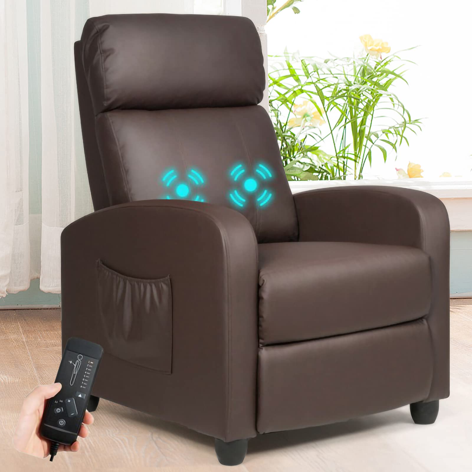 PU Leather Massage Recliner Chair with Remote Control & Side Pocket - Space Saving Living Room Recliner for Small Spaces (Brown) | Perfect for Home Theater, Gaming & Relaxation