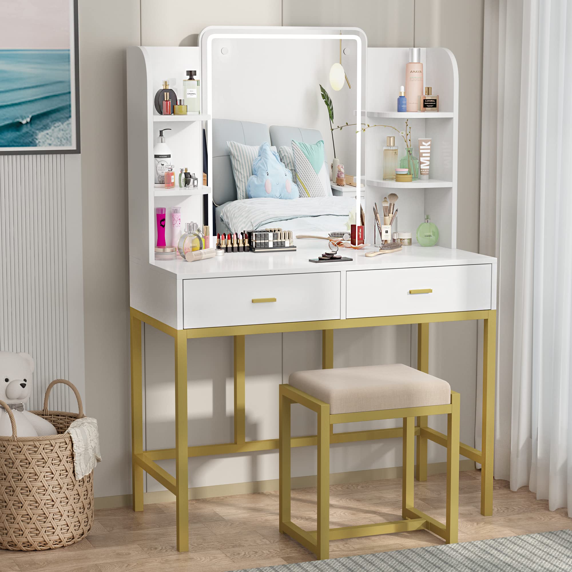 Lighted Makeup Vanity Set with Mirror & Stool - Gold-White Dresser for Bedroom Beauty
