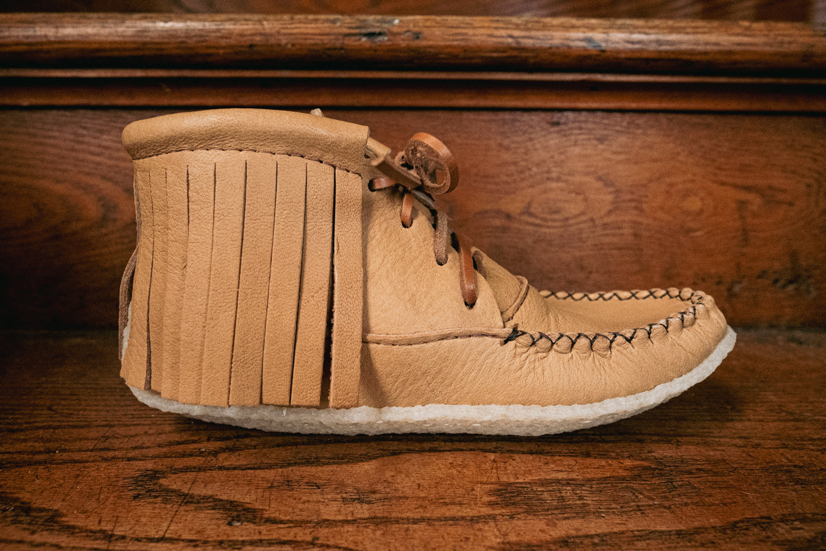 Women's Fringed Crepe Sole Moose Hide Moccasin Boots - Comfortable Winter Ankle Boots for Casual Wear & Outdoor Adventures