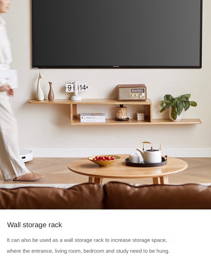 Solid Oak Wood Floating TV Stand - Narrow Wall Mounted Entertainment Center for Living Room & Bedroom - Modern Rustic TV Cabinet with Shelf Storage