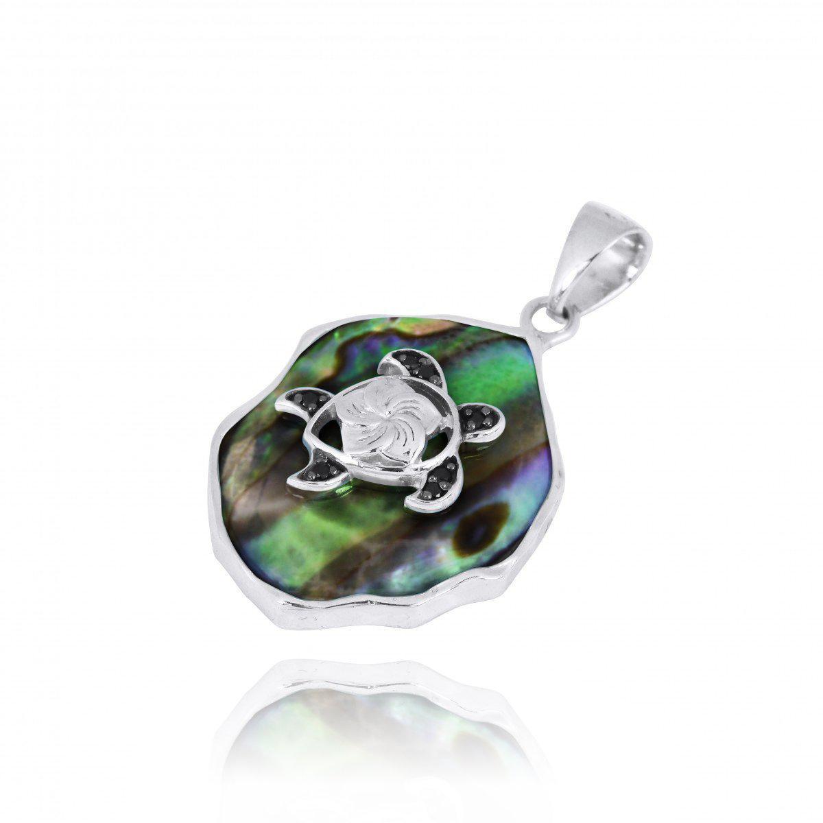 Sterling Silver Turtle Abalone Shell Pendant Necklace with Black Spinel - Elegant Boho Jewelry for Beach Parties & Spiritual Healing