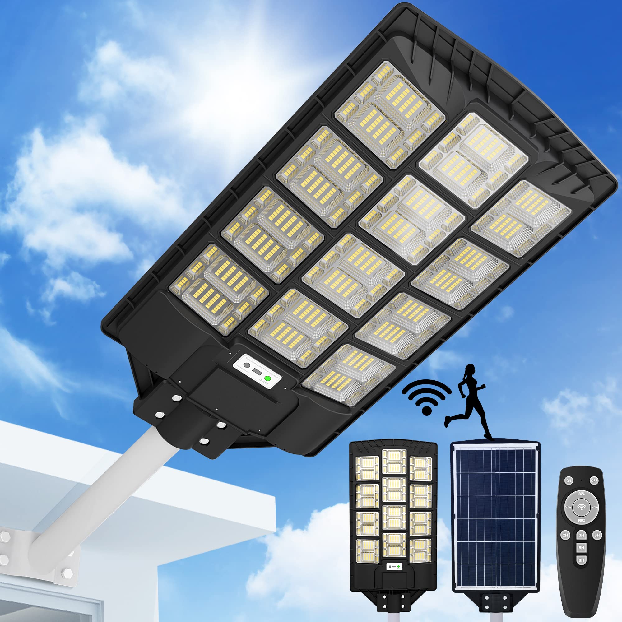 1200W Solar Street Lights Outdoor Waterproof - 100,000LM LED Solar Powered Street Light with Motion Sensor & Remote Control - Dusk to Dawn Auto On/Off - Perfect for Parking Lots, Yards, Gardens, Fields, Pathways and Driveway Lighting
