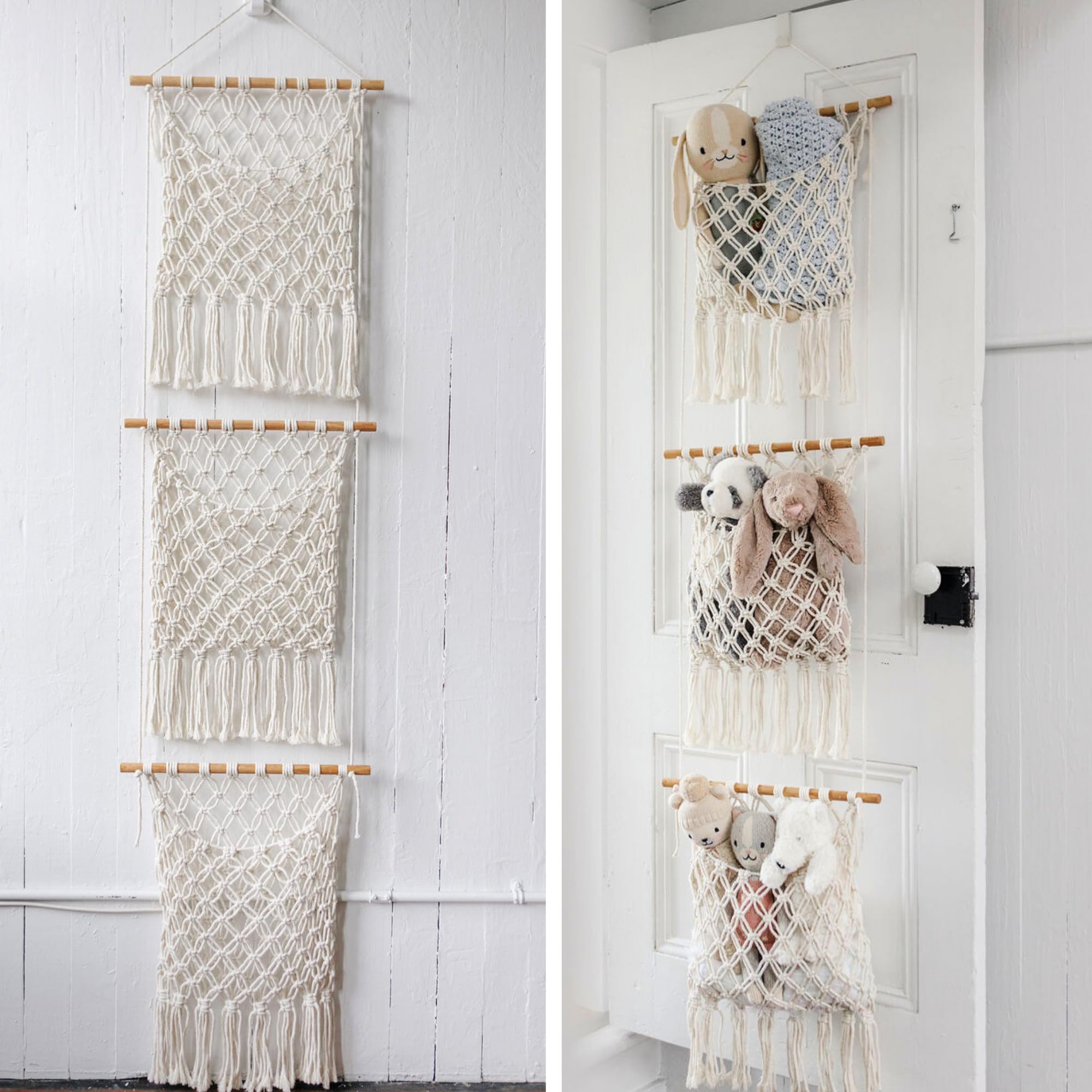Sasa Macrame Over Door Organizer - 3-Tier Hanging Storage with Canvas Pouch & Door Hook for Nursery, Kids Room, Playroom, Dorm - Perfect for Stuffed Animals, Plush Toys, Blankets & Baby Essentials | Space-Saving Home Decor & Closet Organization