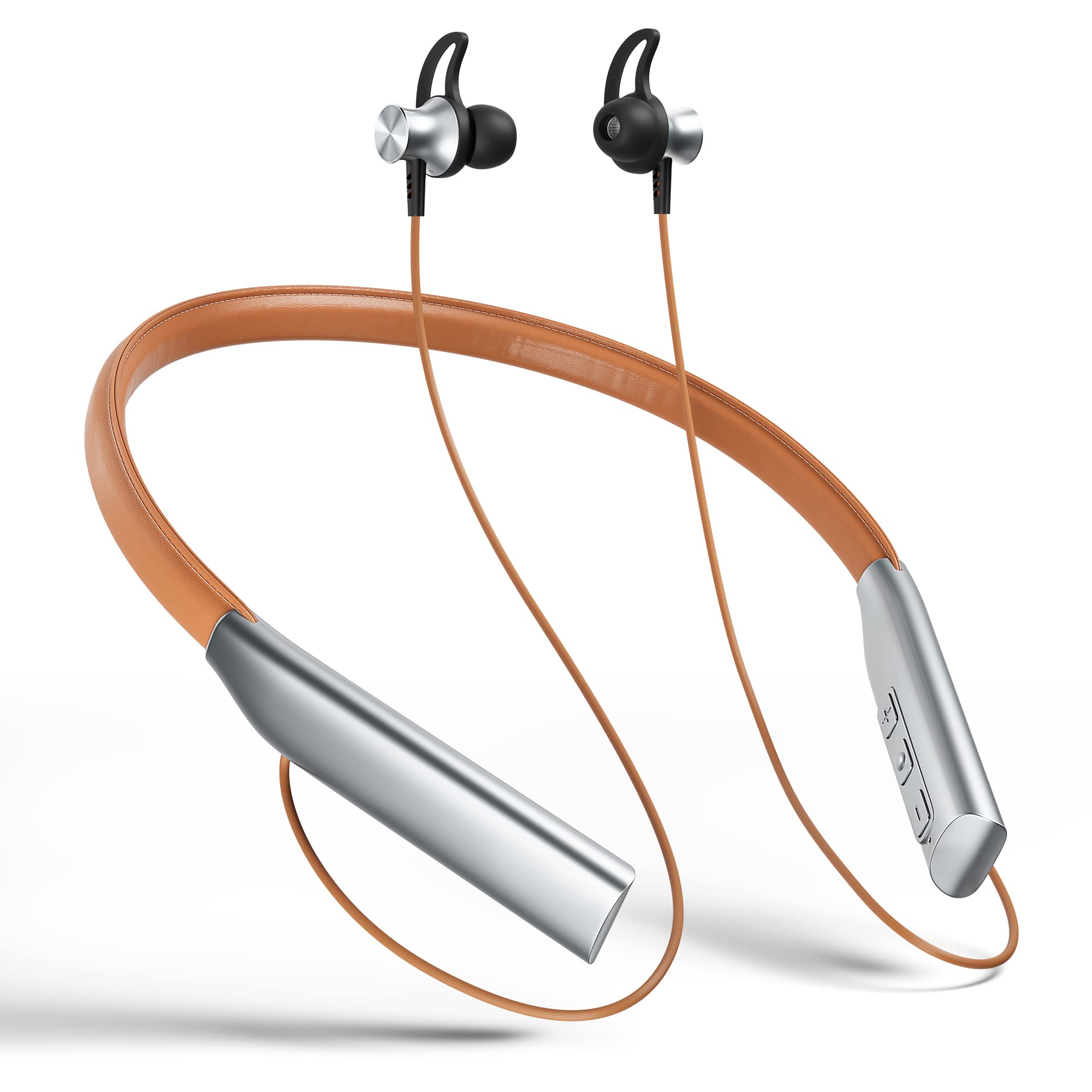 WESADN Bluetooth Headphones Wireless Earbuds with Mic for iPhone 14 Pro Max & Android Phones - 35H Playtime, Noise Cancelling, Magnetic Ear Buds, Neckband Design (Leather Brown) - Perfect for Running, Gym, Workouts & Daily Commute