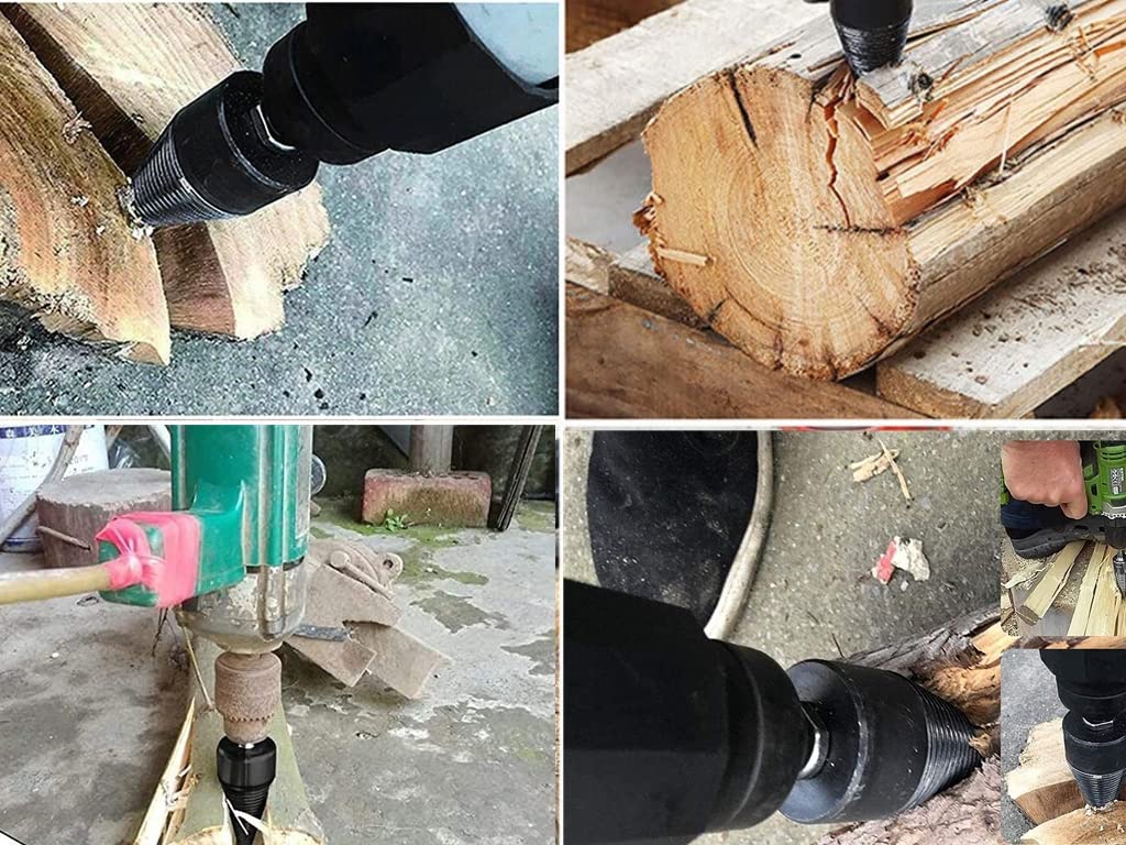 4 Pcs Heavy Duty Wood Splitter Drill Bit Set - Screw Cones Kindling Splitter for Firewood Log Splitting - Removable Drill Screw Cone Driver with Round/Hex/Square Shank (32mm) - Perfect for Camping, Fireplace & Outdoor Wood Cutting