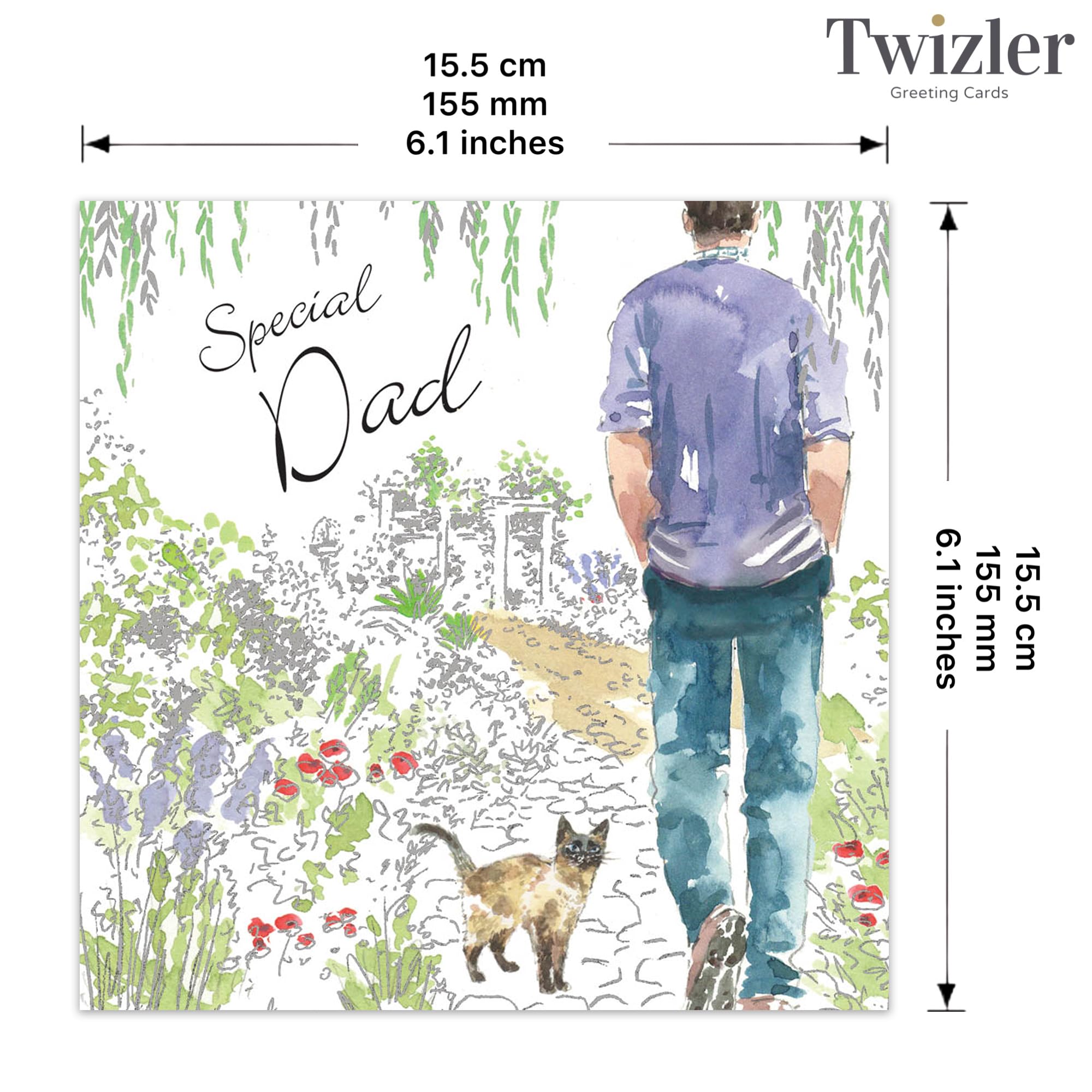 Twizler Happy Birthday Card for Dad - Elegant Silver & Green Foil Design with Watercolor Cat Illustration | Perfect Father's Day, Birthday & Special Occasion Greeting Card for Men