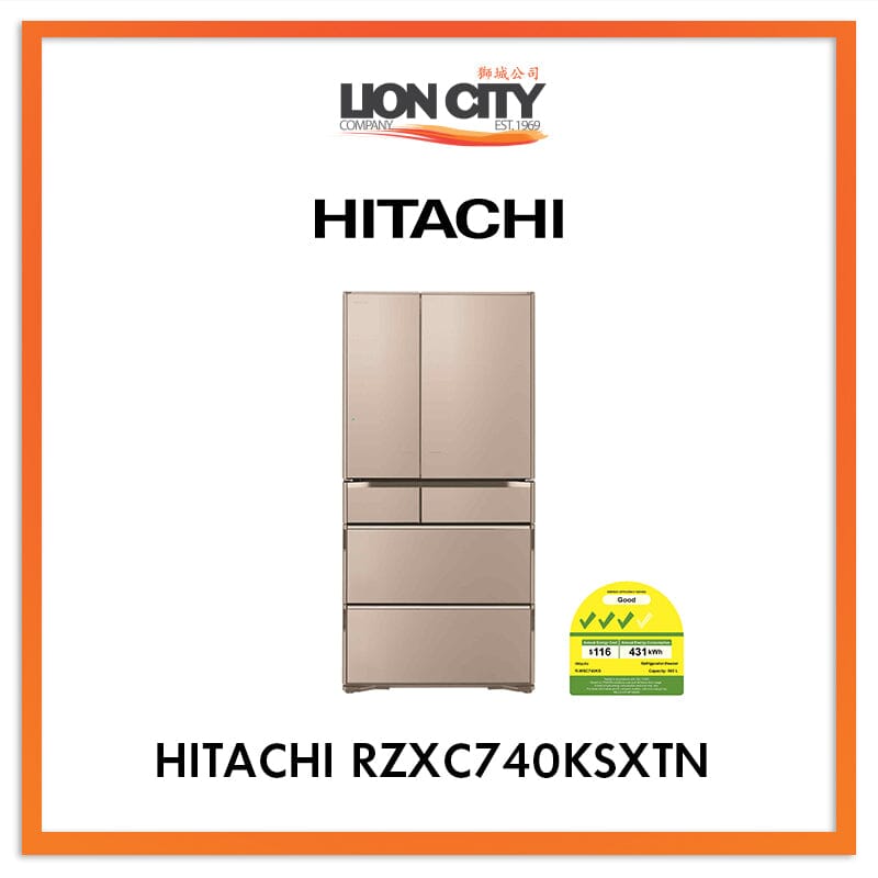 Hitachi 565L Multi-Door IoT Smart Refrigerator RZXC740KSXTN - Japanese Made, Energy Efficient, Large Capacity for Family Kitchen & Smart Home Integration
