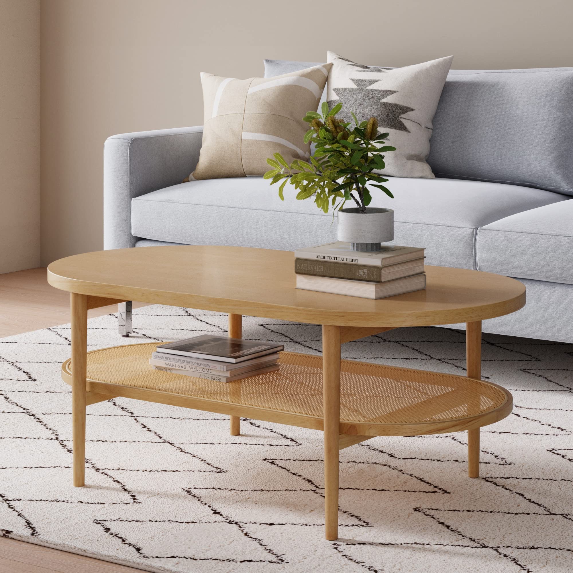 Nathan James Sonia Coffee Table with Storage Shelf - Light Wood & Rattan Design - Modern Living Room Furniture for Small Spaces, Home Decor & Storage Solutions