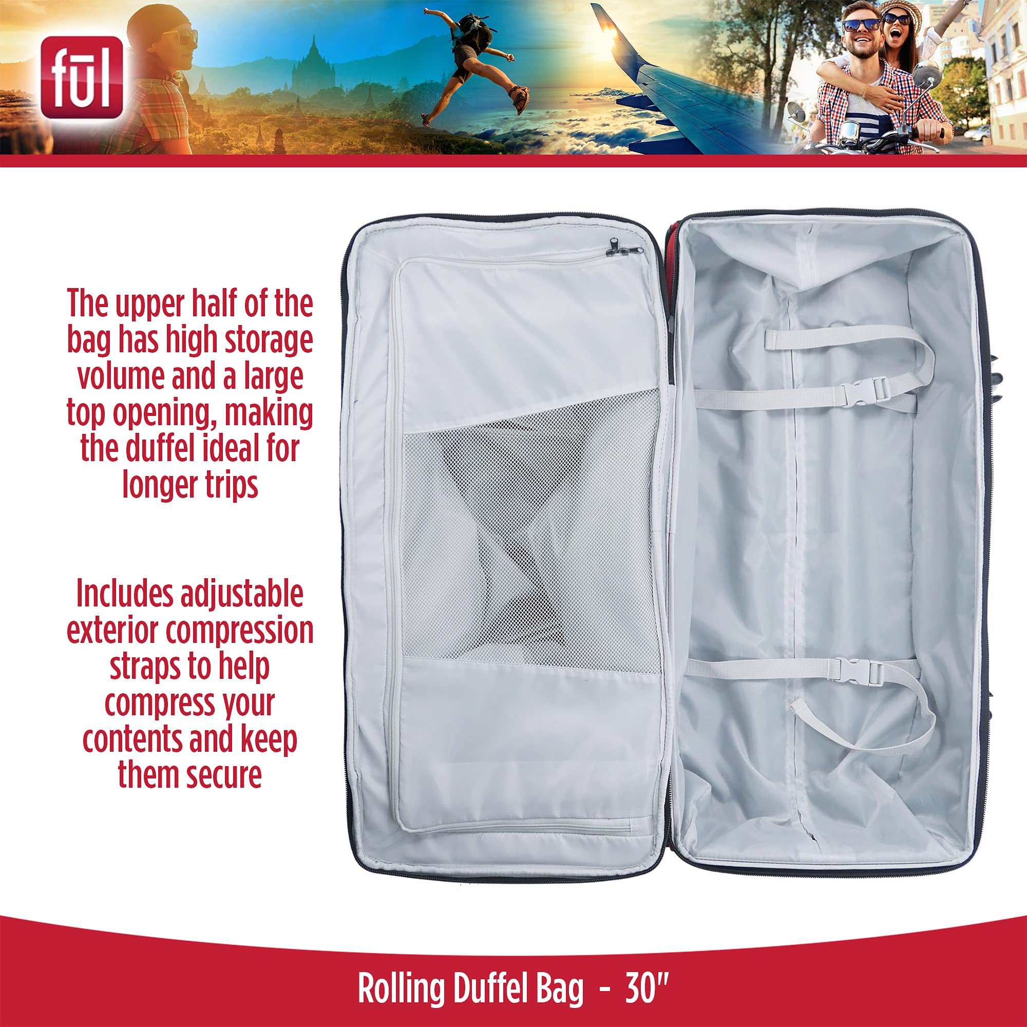 FUL Rig 30 Inch Rolling Duffel Bag - Large Wheeled Travel Luggage for Airplane, Cruise & Business Trips - Durable Spinner Suitcase with Smooth Wheels