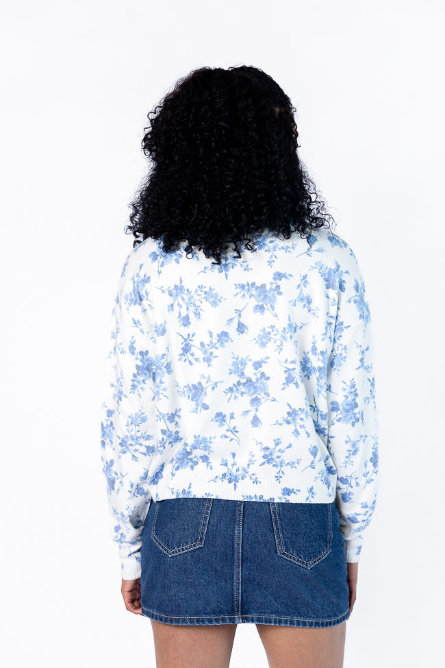 Blooming Love Blue Crew Neck Floral Sweater for Women | Soft Knit Pullover | Spring Summer Casual Outfit | Perfect for Dates, Office & Weekend Wear
