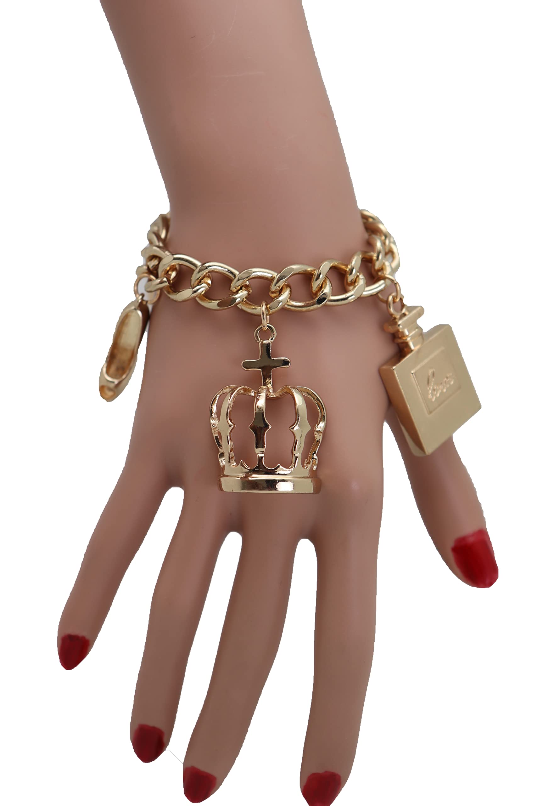 Gold Queen Crown Bracelet for Women - Elegant Metal Chain Fashion Jewelry with Lipstick & Perfume Charms | Perfect for Parties, Weddings & Royal-Themed Events