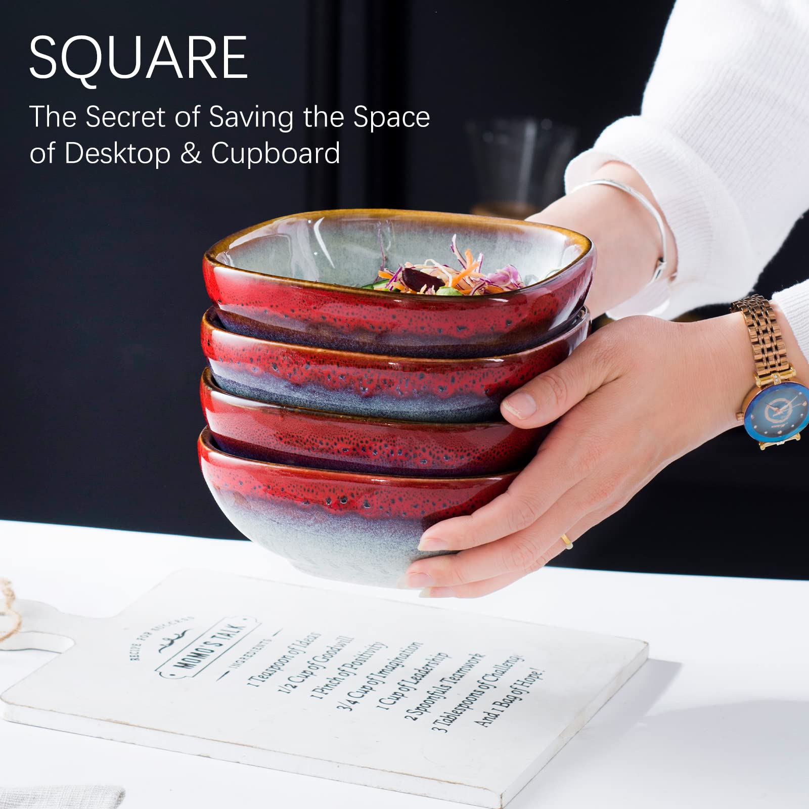 HENXFEN 22 Oz Square Ceramic Bowls Set of 4 - Microwave & Dishwasher Safe Serving Bowls for Cereal, Soup, Salad, Oatmeal, Fruit - Perfect for Breakfast, Dining, Entertaining - Reactive Red
