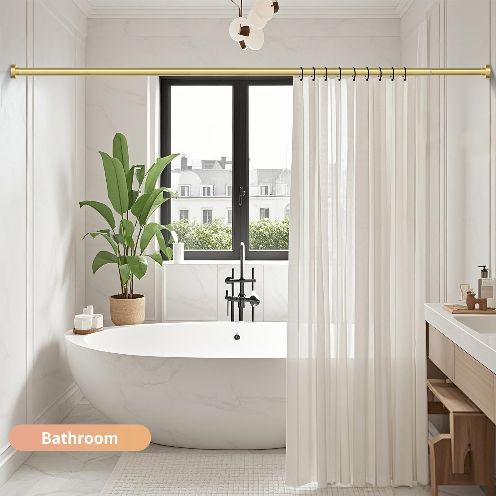 **34-82 Inches Adjustable Gold Shower Curtain Rod - Rustproof Spring Tension No Drill Bathroom Window Rod for Shower, Bathtub & Decorative Garland Hanging**    *(Perfect for bathrooms, showers, bathtubs, or as a decorative rod for garlands and window curtains.)*