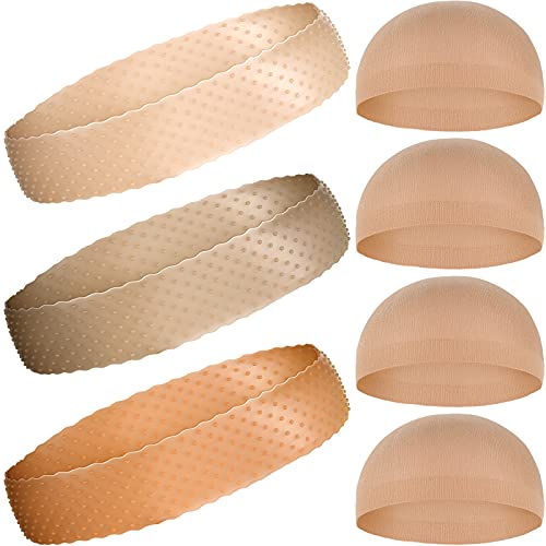 3-Piece Silicone Wig Grip Headband & Nylon Wig Cap Set - Non-Slip Unisex Wig Bands for Sports, Yoga & Lace Front Wigs (Dark Brown, Brown, Orange) - Perfect for Workouts, Cosplay & Daily Wear