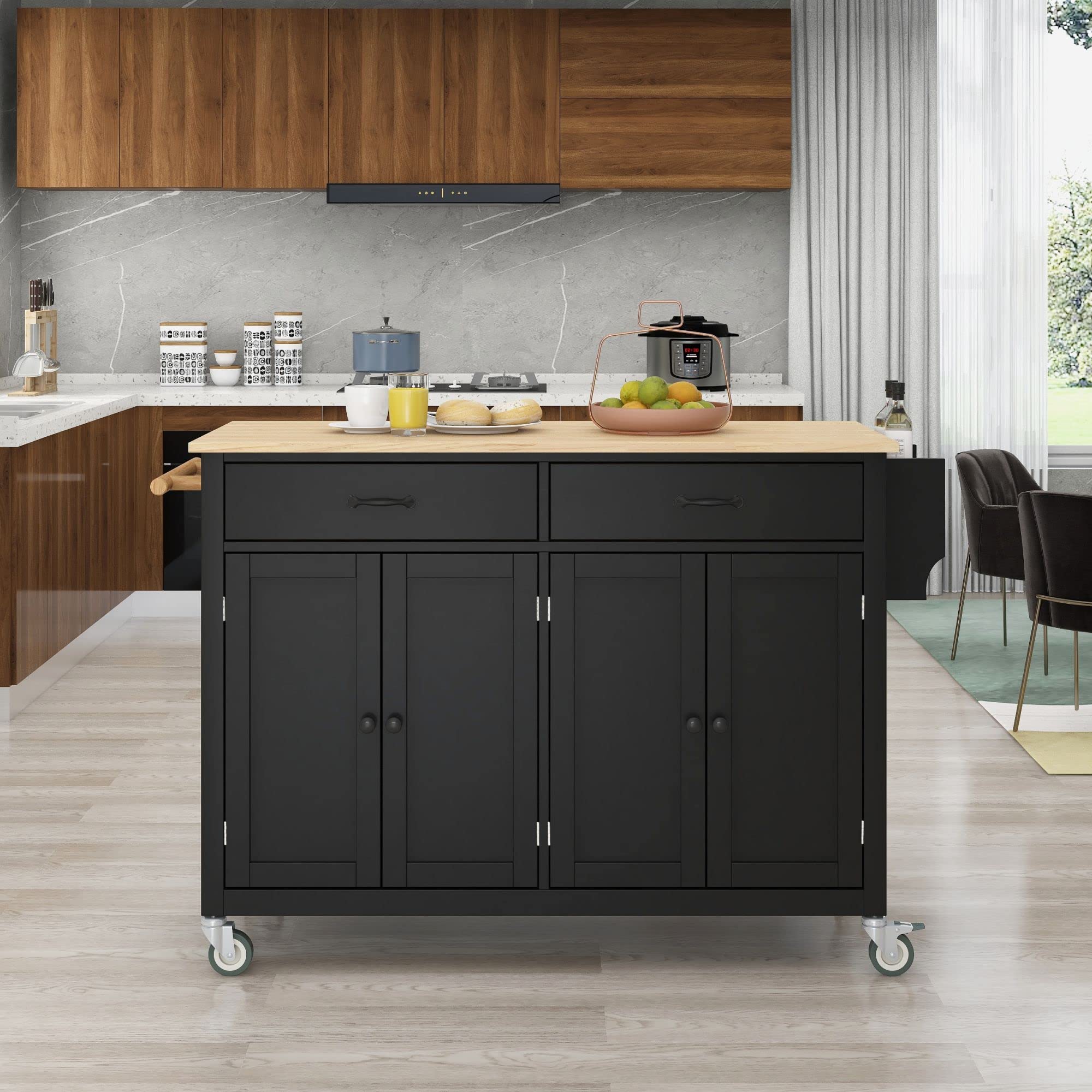 Tmosi Rolling Kitchen Island Cart with Storage - Solid Wood Top Mobile Kitchen Cart with 2 Drawers, Spice Rack & Towel Rack - Perfect for Small Kitchens, Dining Rooms & Food Prep Areas (Black)