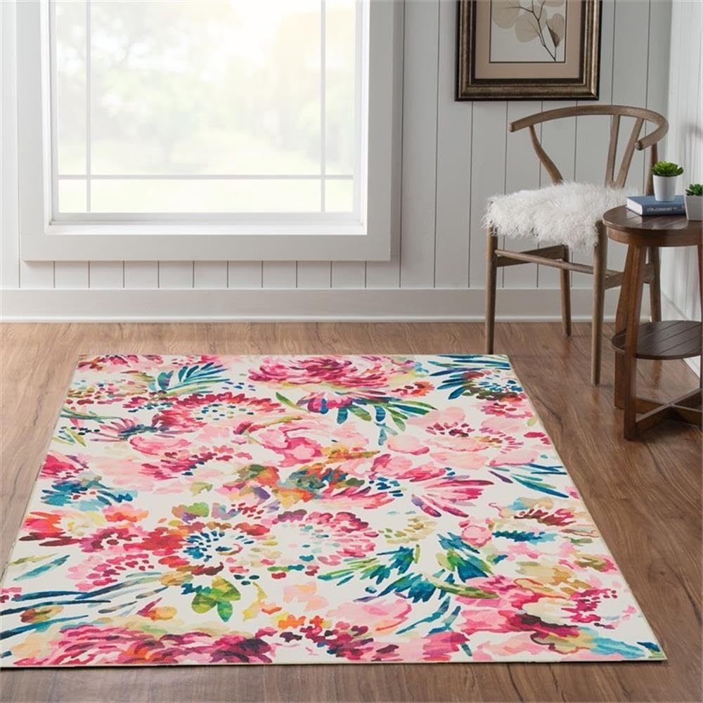 Linon Washable Gatlin Polyester 5'x7' Area Rug in Raspberry Red - Soft Non-Slip Living Room Rug for Bedroom, Dorm & Home Decor