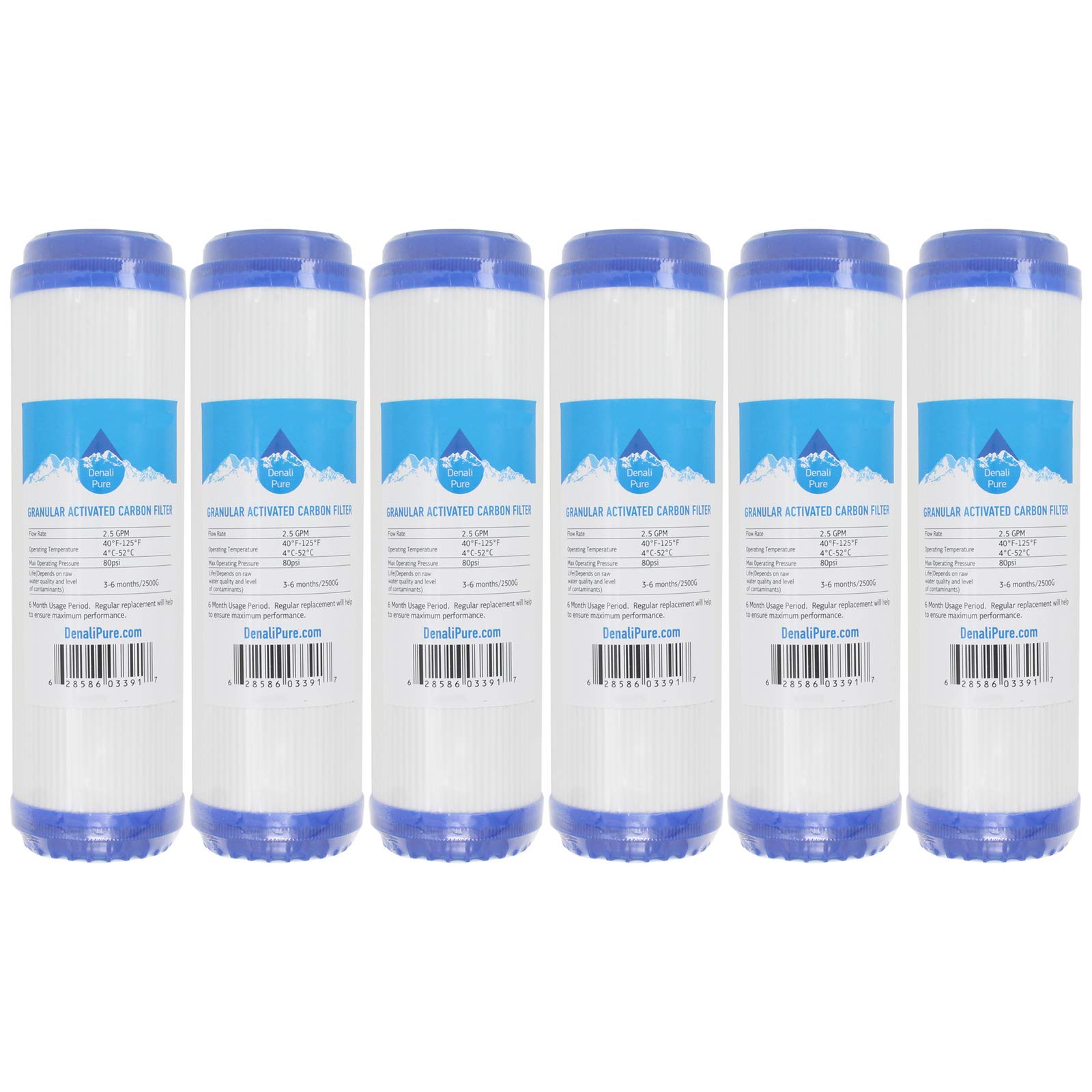 6-Pack Replacement Water Filter Cartridges for Water Filter Tree WFT-RO4 - Universal 10-inch Granular Activated Carbon Filters Compatible with Reverse Osmosis System - Denali Pure Brand - Perfect for Home & Office Water Purification