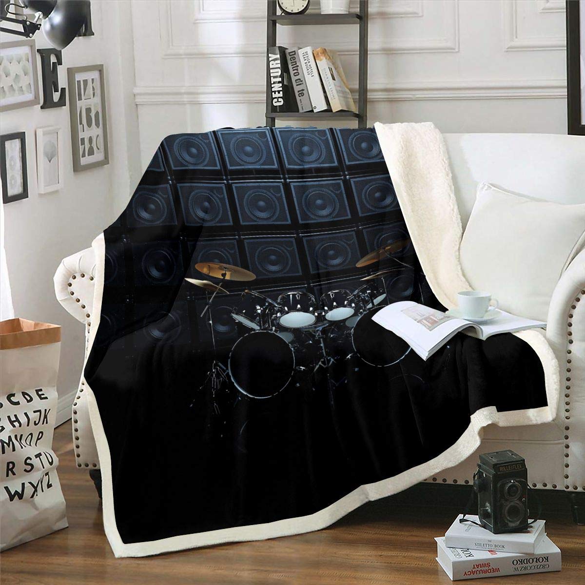 Rock Music Themed Fleece Throw Blanket with Drum Kit Design - Soft Sherpa Plush Blanket for Adults & Teens - Black Twin Size 60x80 Inch - Perfect for Sofa, Bed, Couch & Rock Music Lovers' Home Decor