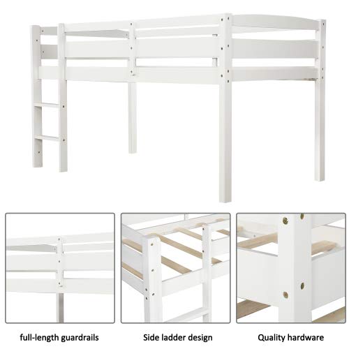 **Classic White Wood Twin Loft Bed with Guard Rail & Ladder - Sturdy Low Bunk Bed for Boys & Girls, No Box Spring Needed - Perfect for Bedroom, Guest Room, Dorm & Small Spaces**