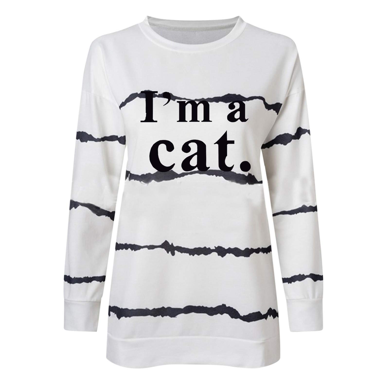 Holzkary Cat Am Sweatshirt - Women's Long Sleeve Loose Fit Striped Tunic Top with Round Neck & Printed Design for Tall Women | Casual Wear, Street Style, Fall Fashion