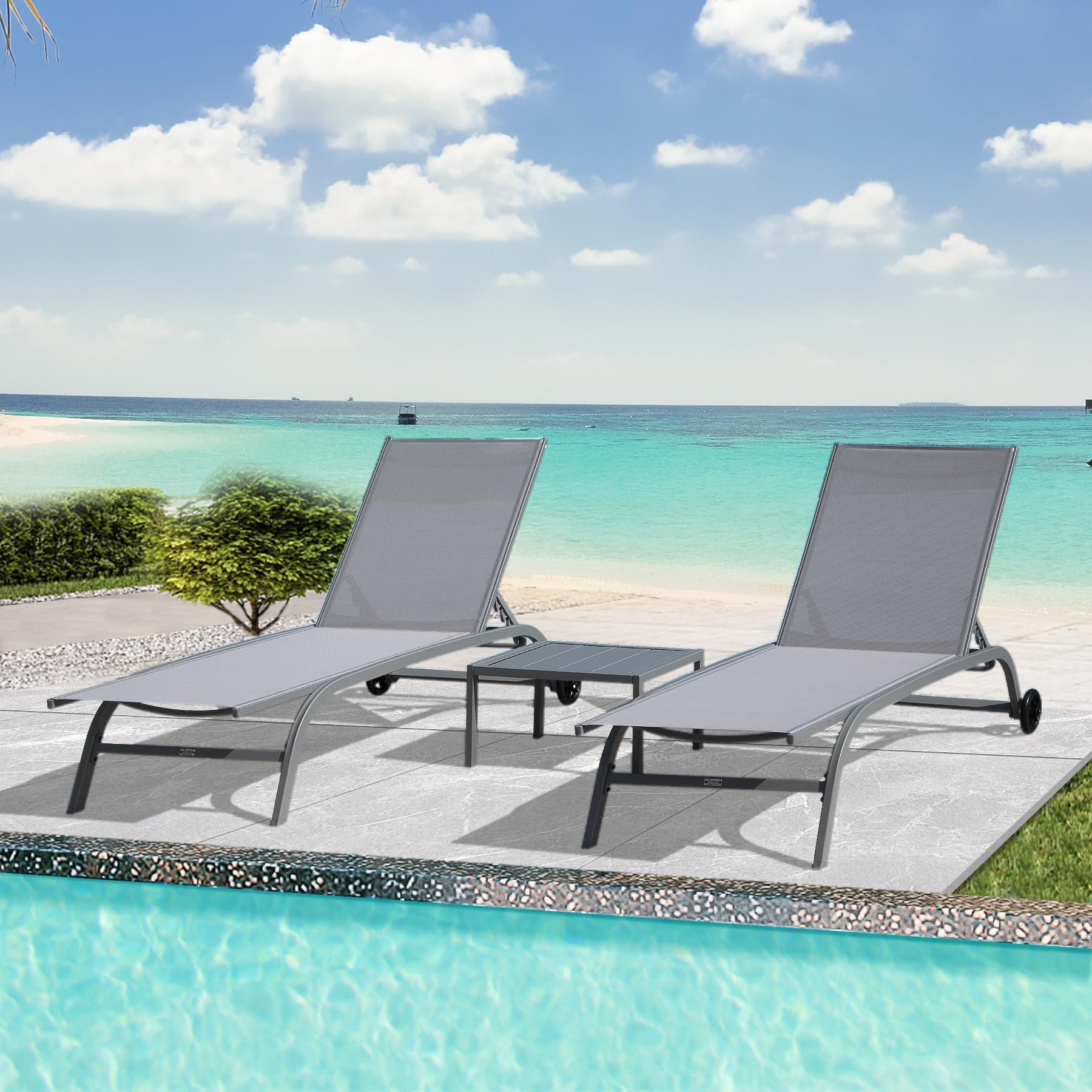 Domi 3-Piece Adjustable Aluminum Pool Lounge Chairs Set with Wheels & Side Table - All-Weather Textilene Outdoor Chaise Lounges for Deck, Lawn, Poolside & Backyard Relaxation | Perfect for Sunbathing, Lounging by the Pool, and Outdoor Entertaining