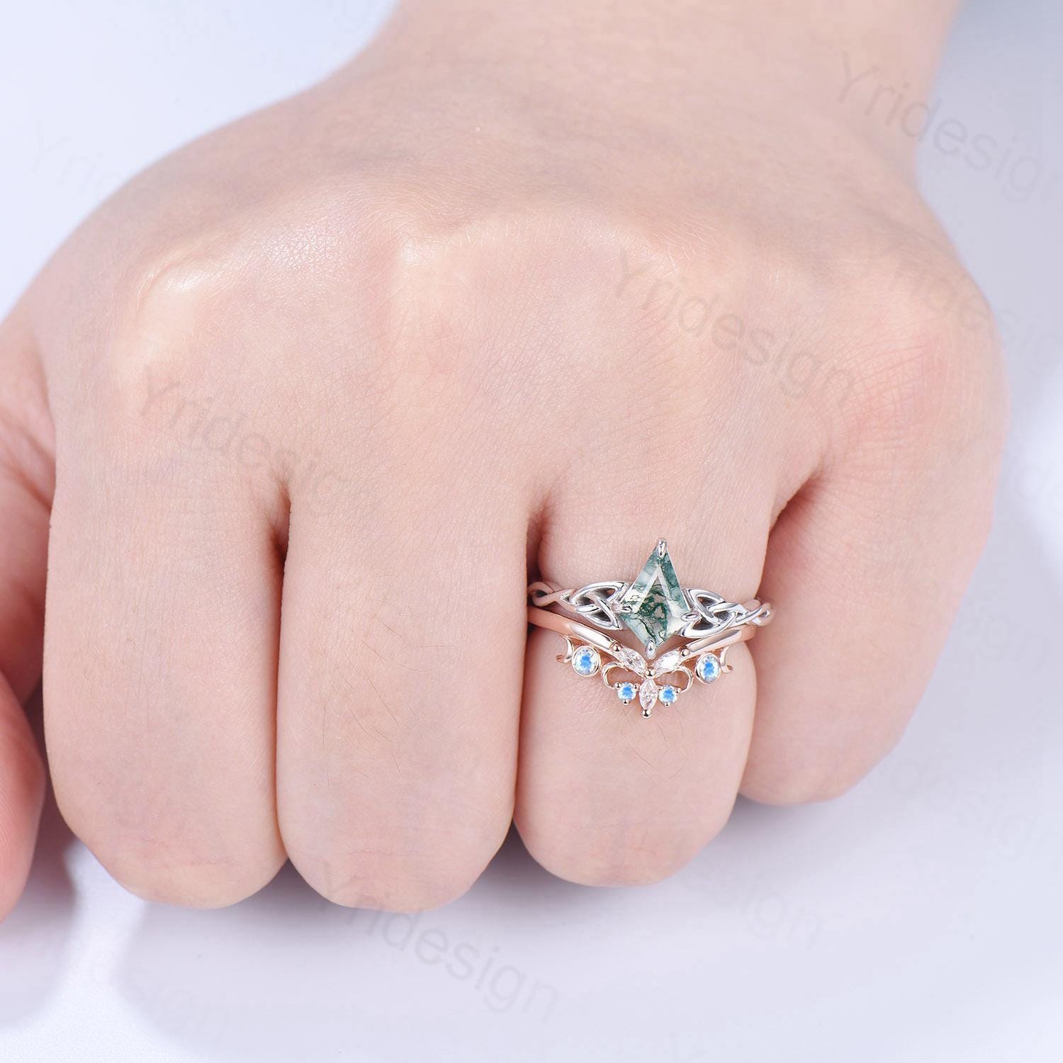 Viking Kite Cut Moss Agate Engagement Ring Set with Celtic Love Knot Moonstone Wedding Band - Vintage Unique Twisted Green Crystal Bridal Jewelry for Norse Wedding, Handfasting Ceremony & Boho Bridal Fashion