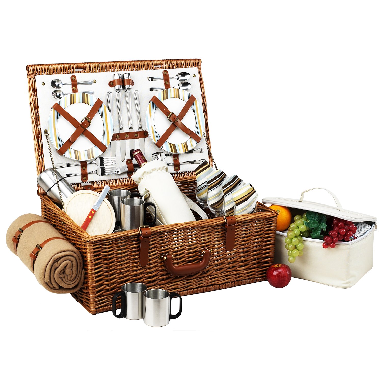 Premium English-Style Willow Picnic Basket Set for 4 - Includes Coffee Service & Blanket | Perfect for Outdoor Gatherings, Beach Trips & Garden Parties | Santa Cruz Collection