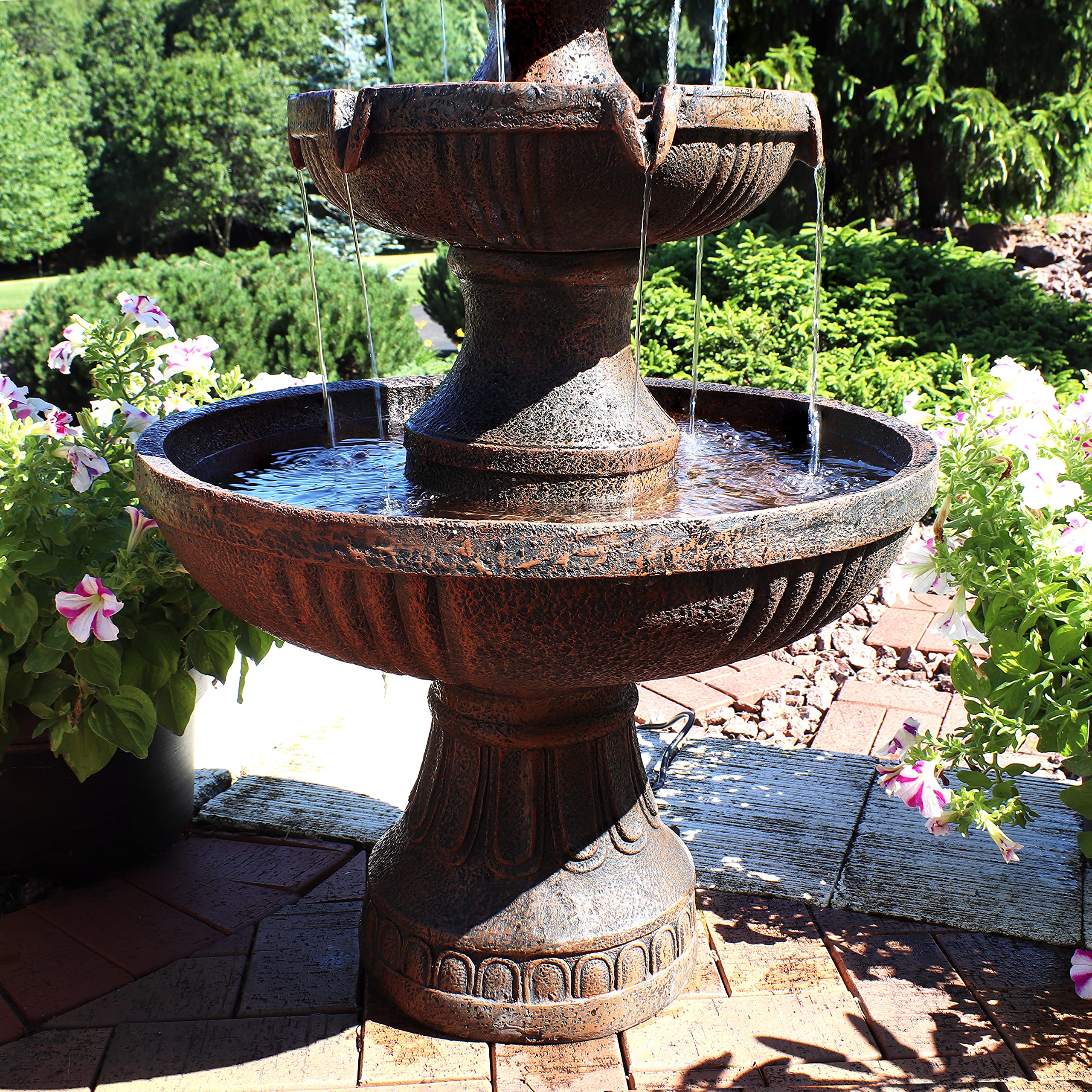Sunnydaze 43-Inch 3-Tier Electric Water Fountain with Flower Blossom Design - Outdoor Garden Water Feature in Earth Finish - Perfect for Patio, Yard, and Landscape Decor