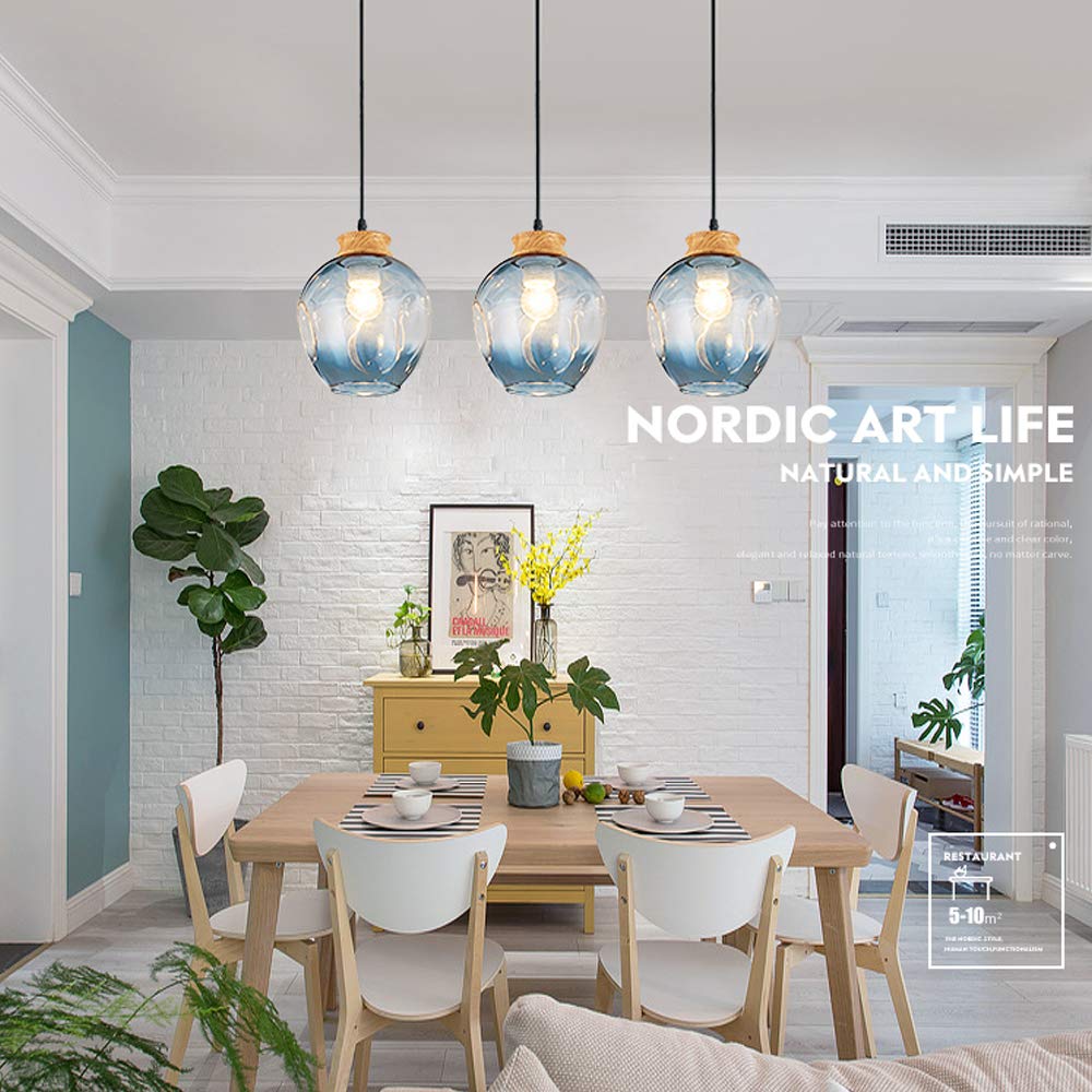 3-Light J-Shaped Track Pendant Lighting - Modern Nordic Blue Glass Shades with Wood Sockets, Dimmable Kitchen Island Lighting for Dining Room, Bar & Loft Spaces | Minimalist Retro Industrial Style Fixture