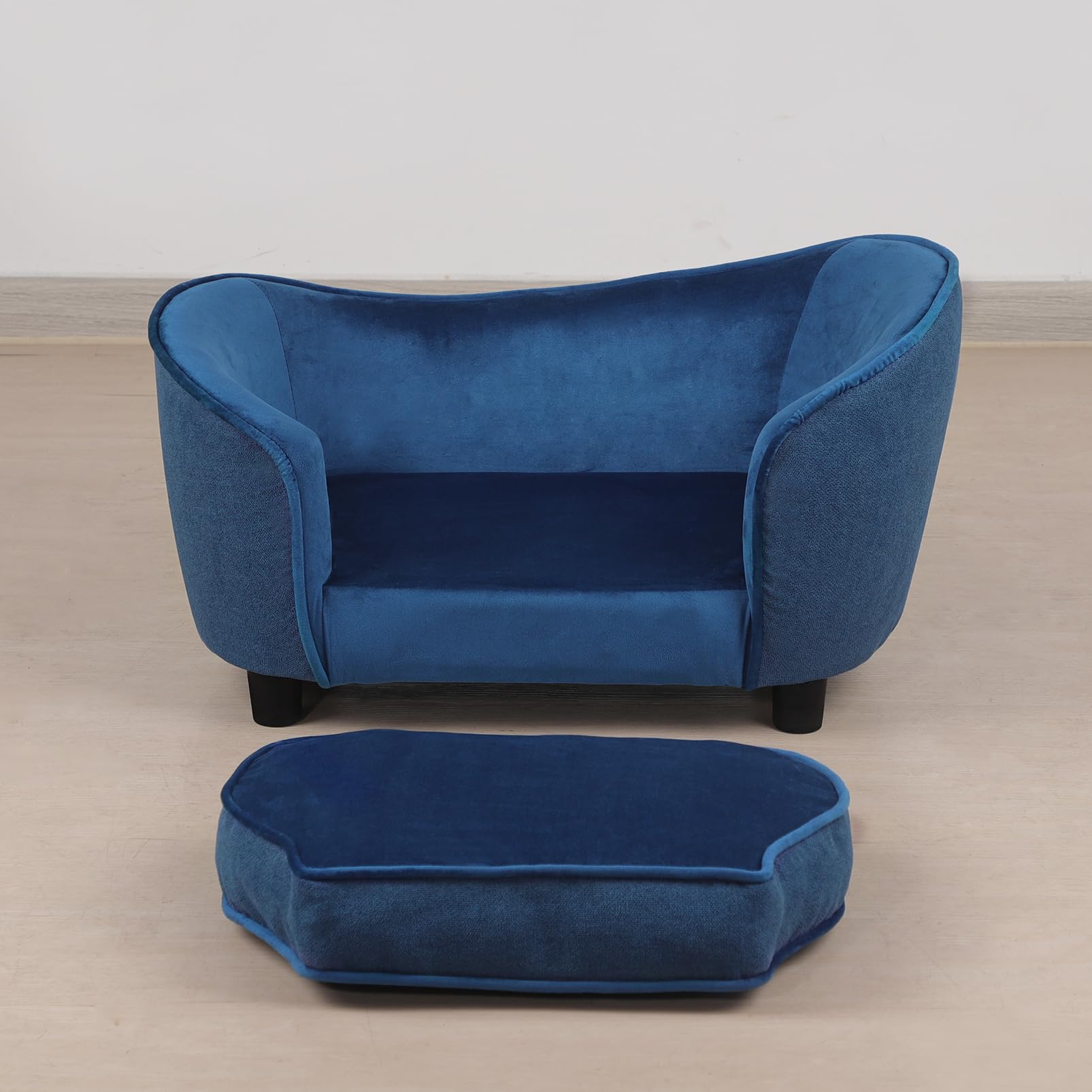 Luxury Velvet & Linen Pet Sofa Bed - Washable Removable Cushion for Small Dogs & Cats - Cozy Pet Couch Chair in Blue - Perfect for Living Room, Bedroom & Pet Nursery