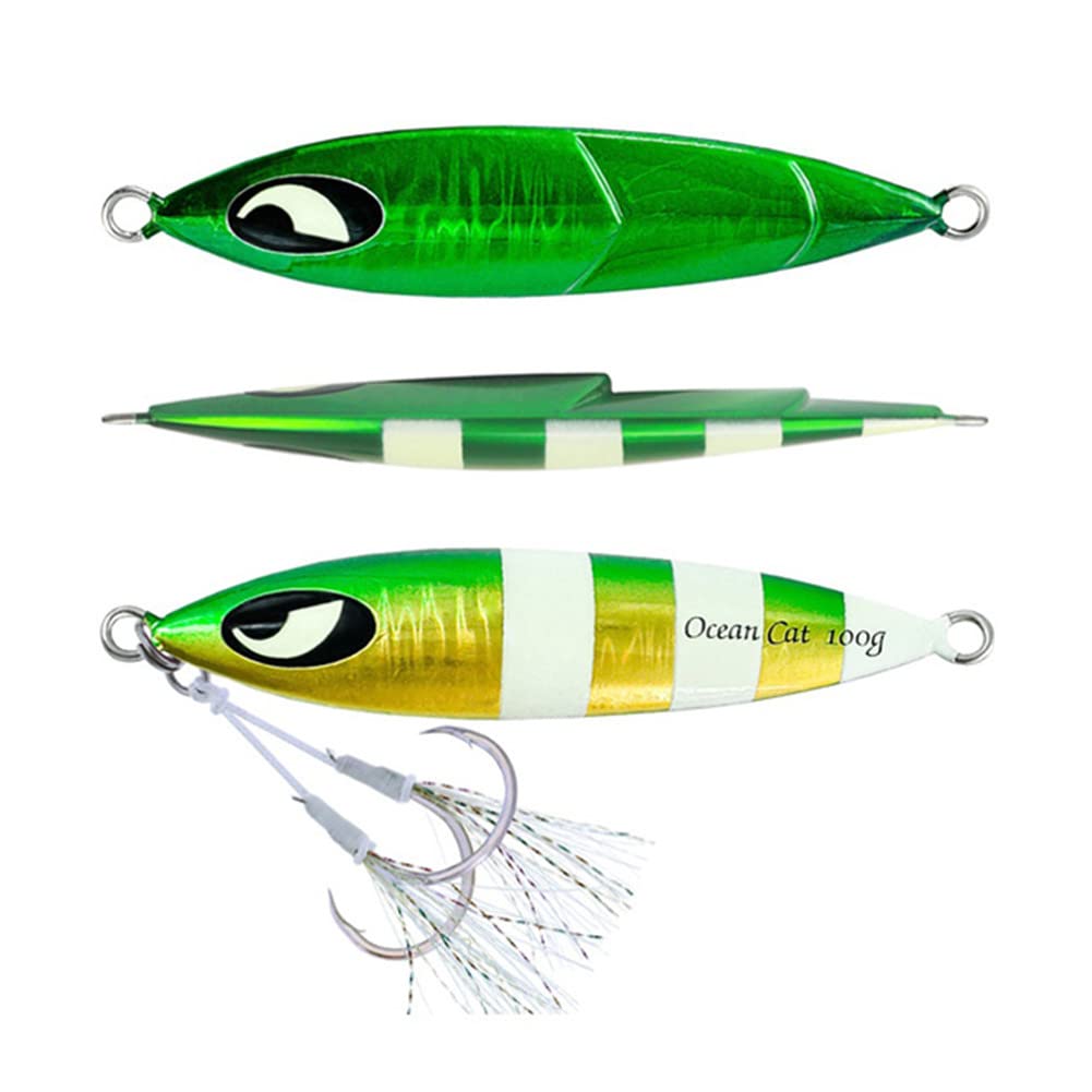OCEAN CAT Slow Sinking Metal Jig Lures - 1PC Lead Flat Jigging Bait with Hook for Saltwater Fishing | Perfect for Deep Sea, Pier & Shoreline Angling