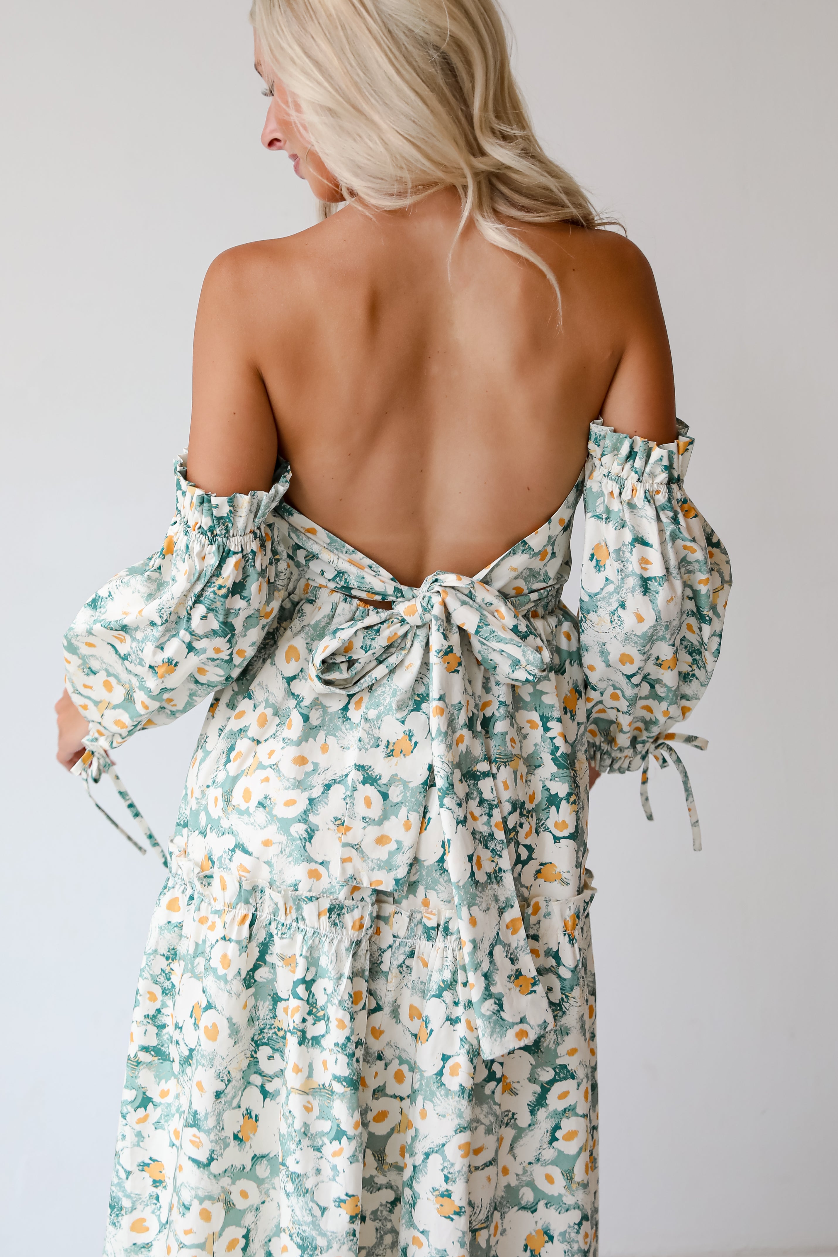 Delightful Aspect Sage Floral Off The Shoulder Midi Dress - Women's Boho Summer Dress for Beach Vacation, Garden Party & Date Night