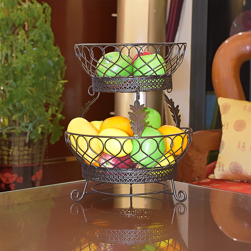 2-Layer Wrought Iron Fruit Bowl Basket with Hollow Drain - Large Capacity Mesh Storage Organizer for Kitchen Counter & Table - Perfect for Fresh and Dried Fruits, Vegetables, and Snacks