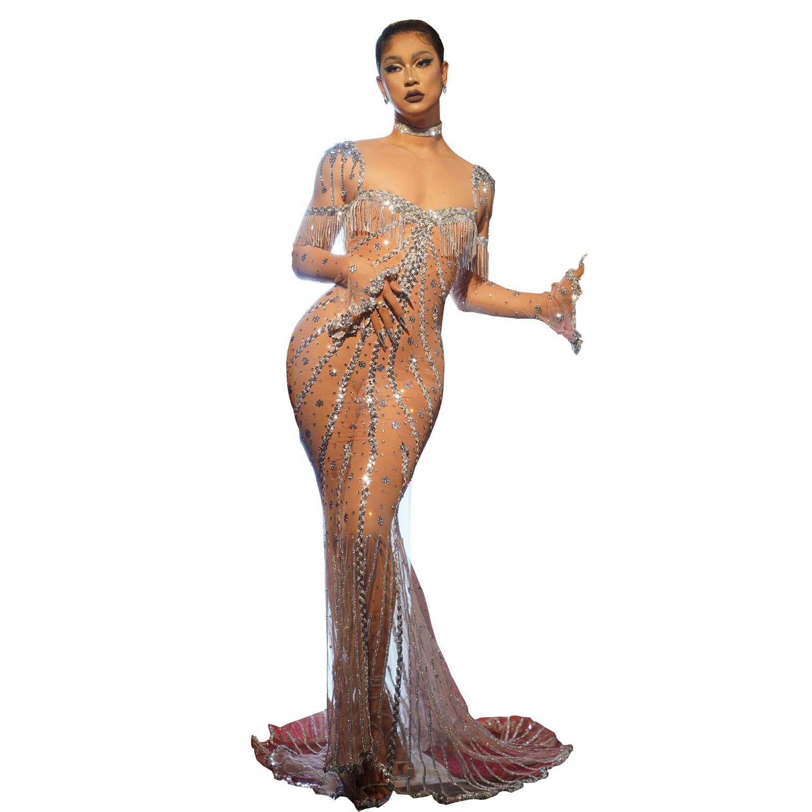 Sexy Mesh Rhinestone Sequin See-Through Dress with Fringe - Elegant Mermaid Party Outfit for Women (Silver) | Perfect for Birthday, Drag Queen Shows & Festivals