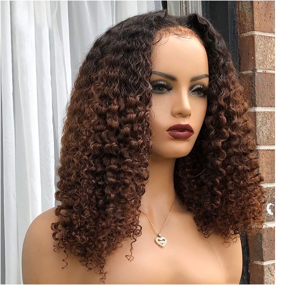 Ombre Brown Kinky Curly Human Hair Lace Front Wig - 13x6 Transparent Lace Frontal with Pre-Plucked Hairline & Bleached Knots | 150% Density Brazilian Remy Hair | 16 Inch Length for Natural Look - Perfect for Daily Wear, Cosplay & Special Occasions