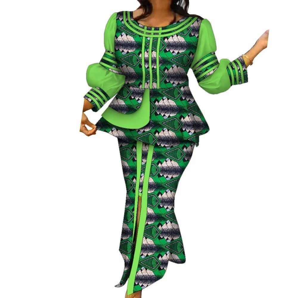 African Print Women's Two Piece Outfit Set - Crew Neck Ruffled Top & High Waist Long Skirt - Traditional Ankara Style for Parties, Weddings & Cultural Events