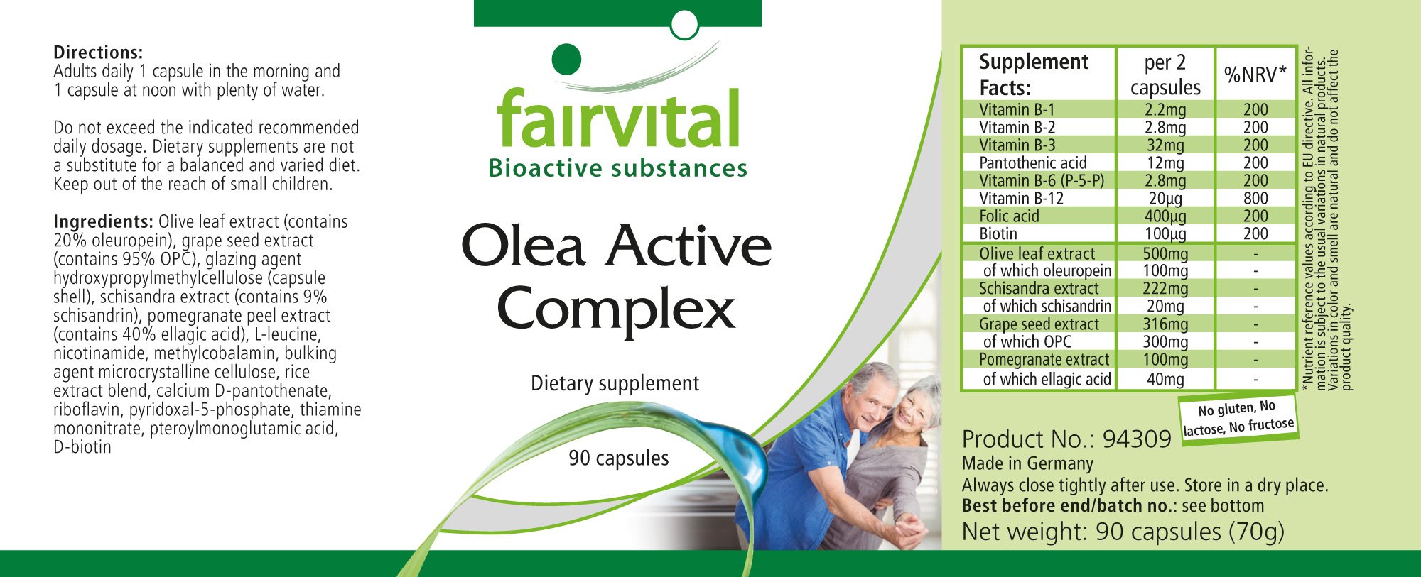 Fairvital Olea Active Complex - Vegan Supplement with B Vitamins, Folic Acid, Olive Leaf, Schisandra, Pomegranate & OPC - 90 Capsules for Energy, Immunity & Antioxidant Support - Perfect for Daily Wellness & Active Lifestyle