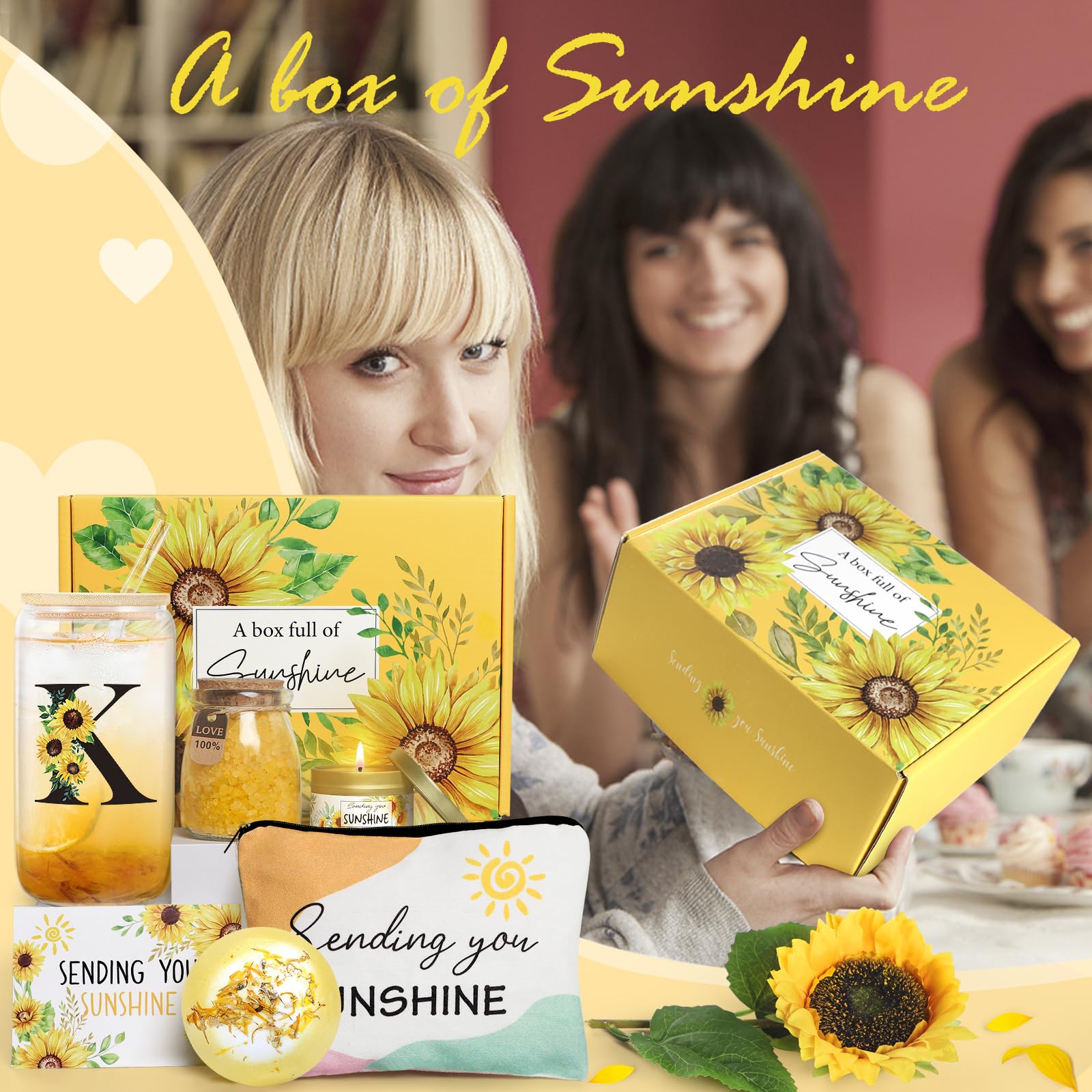 Personalized Sunflower Initial Gifts for Women - Monogrammed Get Well Soon & Birthday Gifts - Self Care Spa Gift Baskets with Sunshine Theme - Perfect for Recovery, Relaxation & Special Occasions