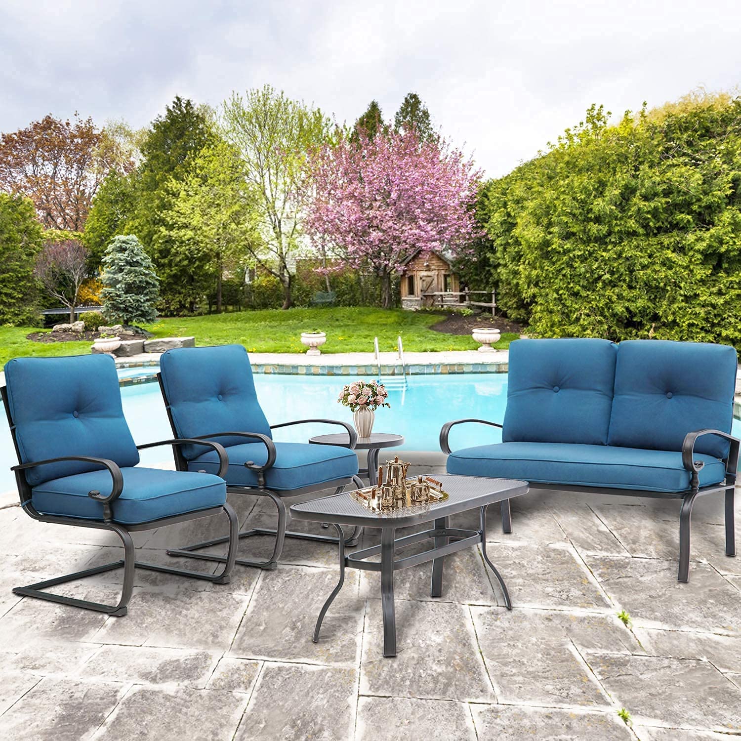 SOLAURA 5-Piece Outdoor Patio Furniture Set - Wrought Iron Loveseat & Spring Chairs - Peacock Blue - Perfect for Garden, Backyard, Poolside & Outdoor Relaxation